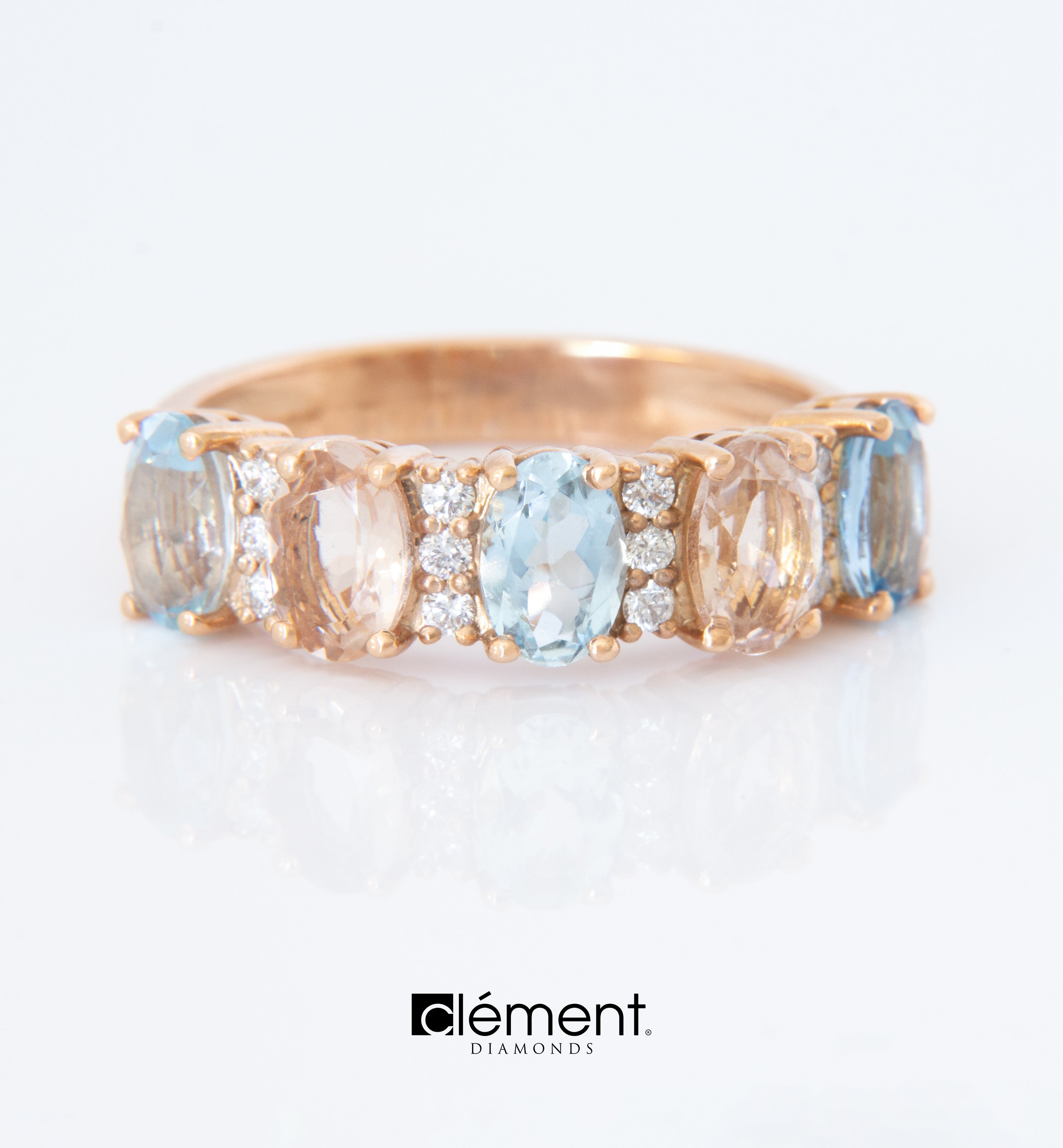 18ct Rose Gold Diamond, Morganite and Aquamarine Ring