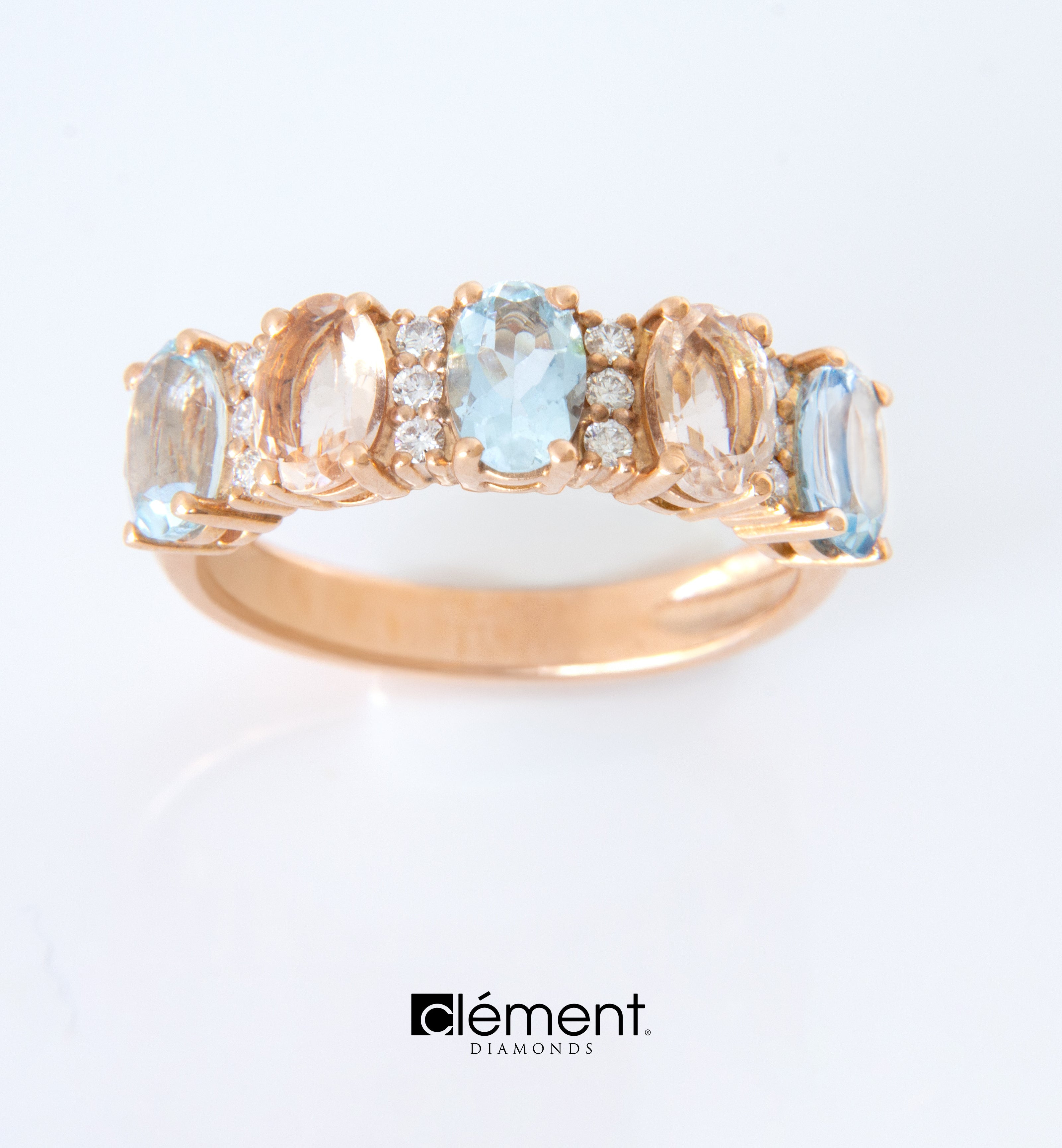 18ct Rose Gold Diamond, Morganite and Aquamarine Ring