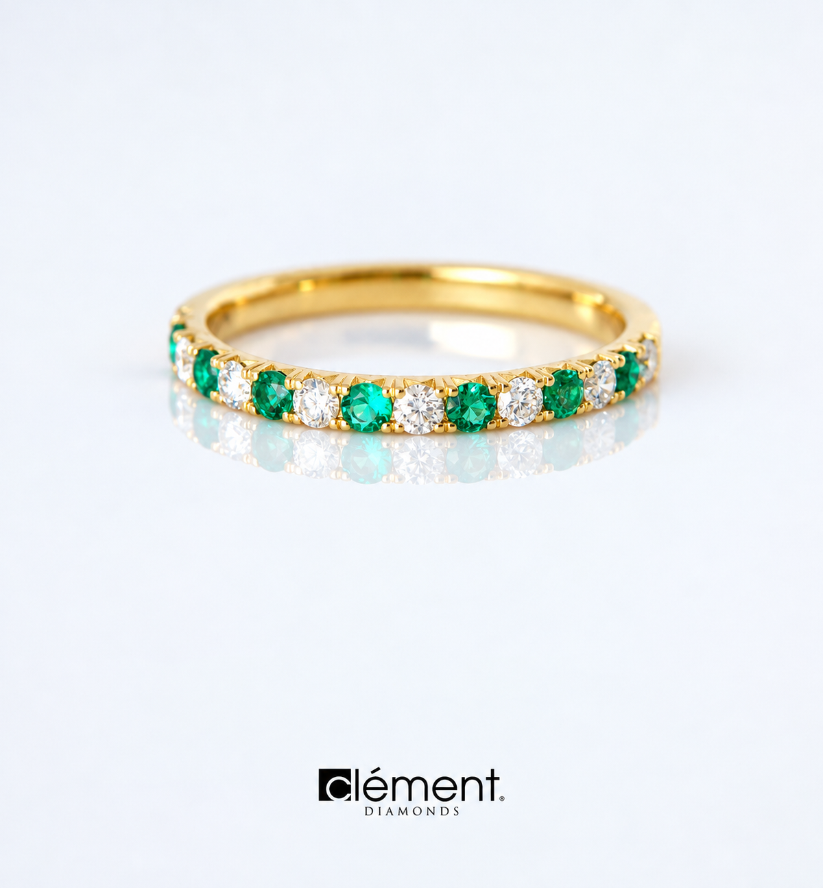 18ct Yellow Gold Natural Emerald and Diamond Half Round Ring