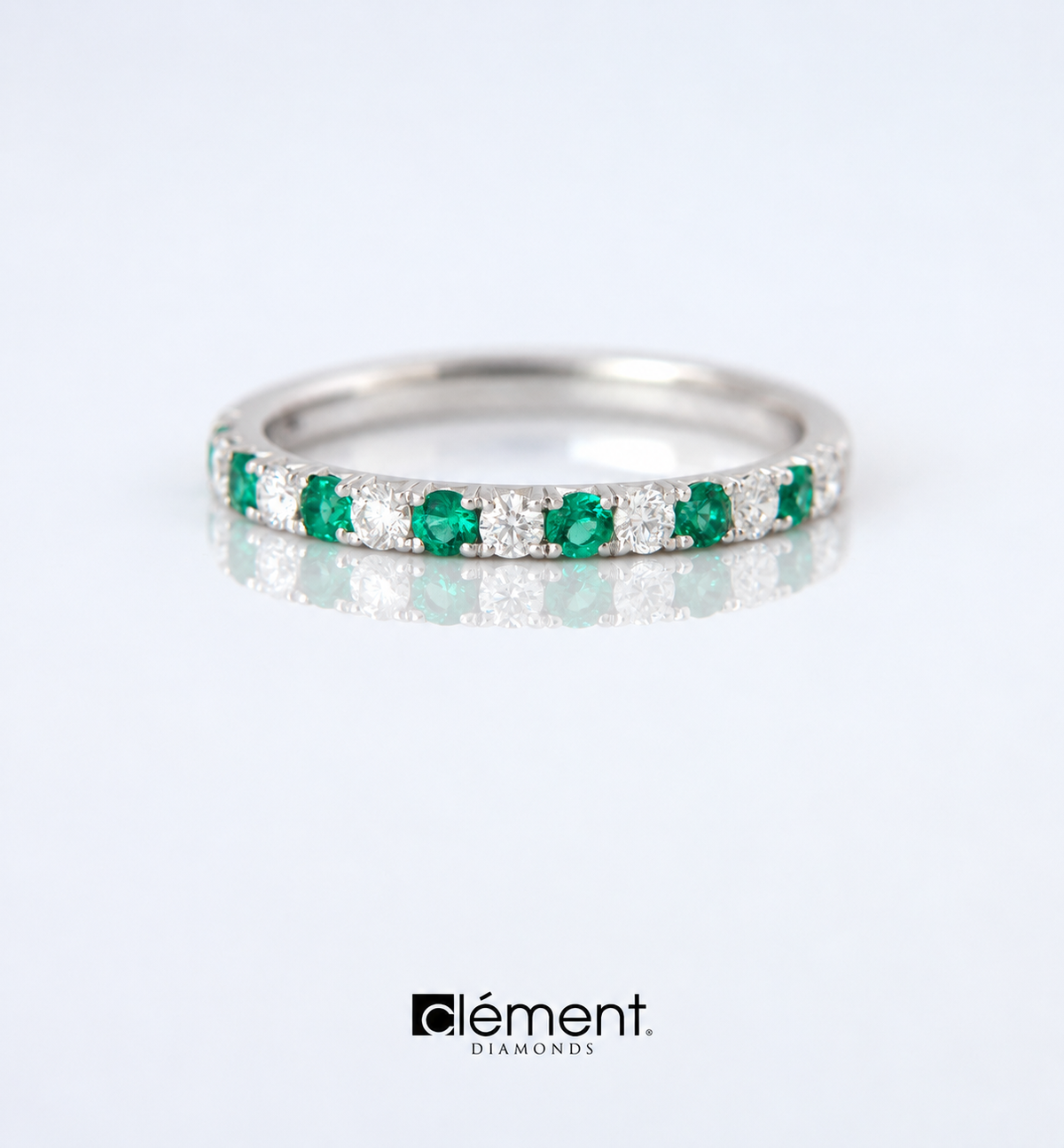 18ct White Gold Natural Emerald and Diamond Half Round Ring