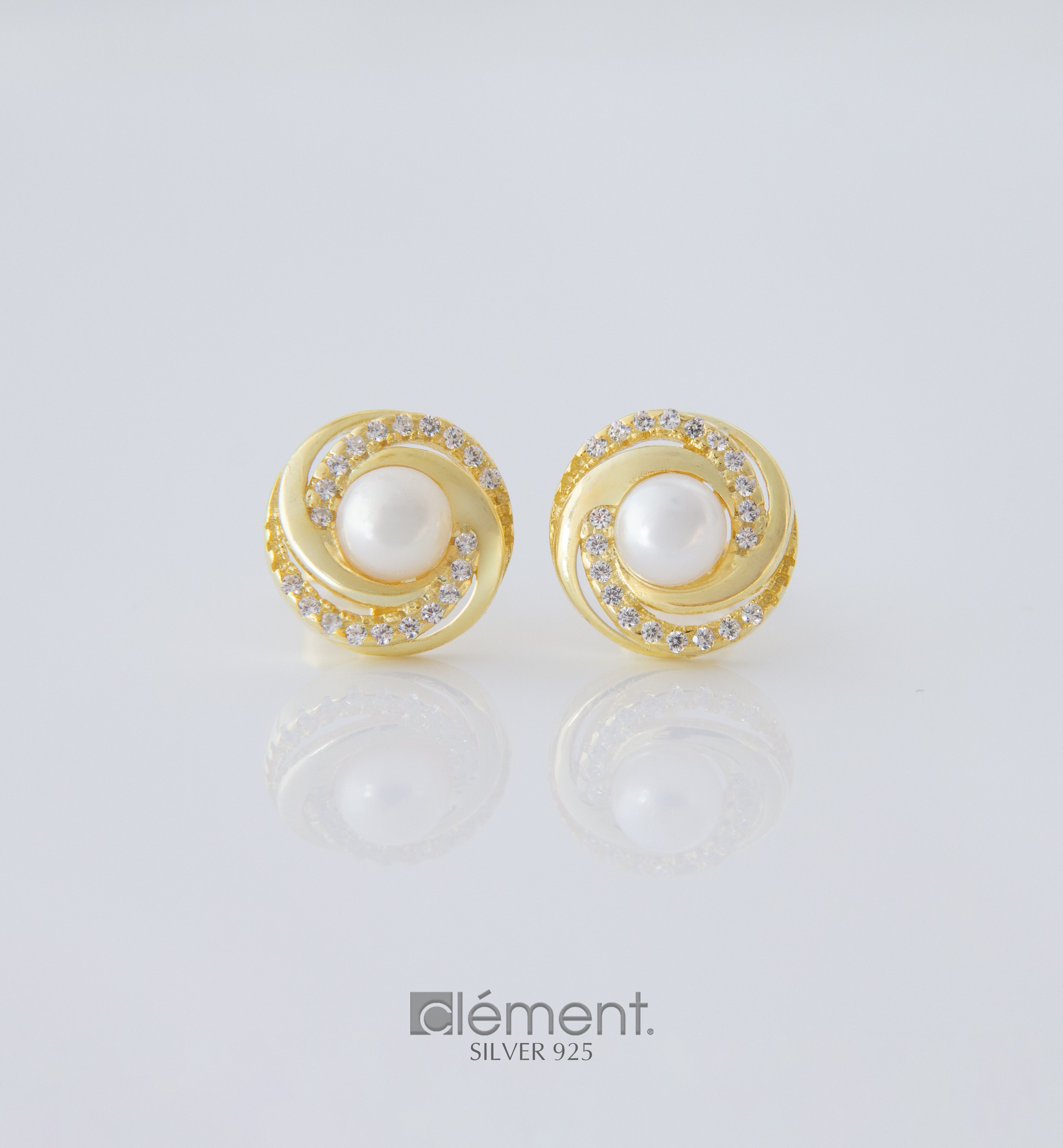 Silver 925 Yellow Gold Plated Earrings with Pearl and CZ Stones