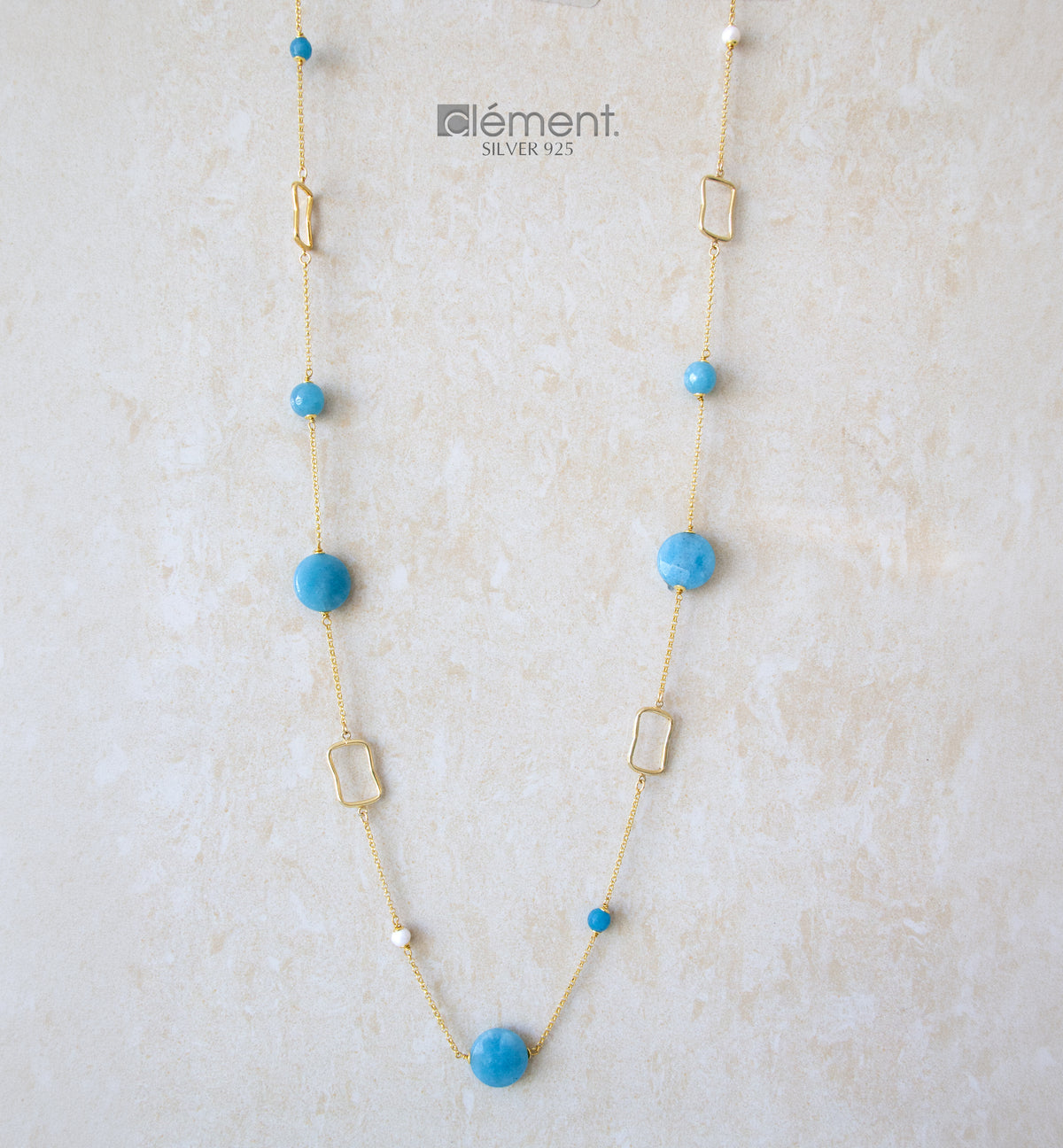 Silver 925 Long Necklace with Semi-Precious Stones and FW Pearls