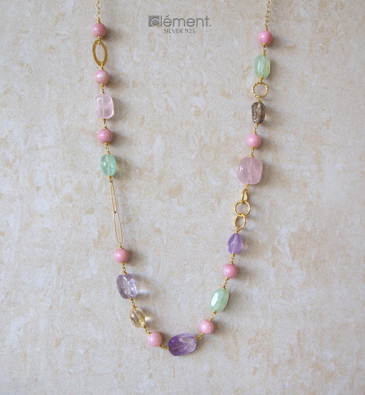 Silver 925 Long Necklace with Semi-Precious Stones
