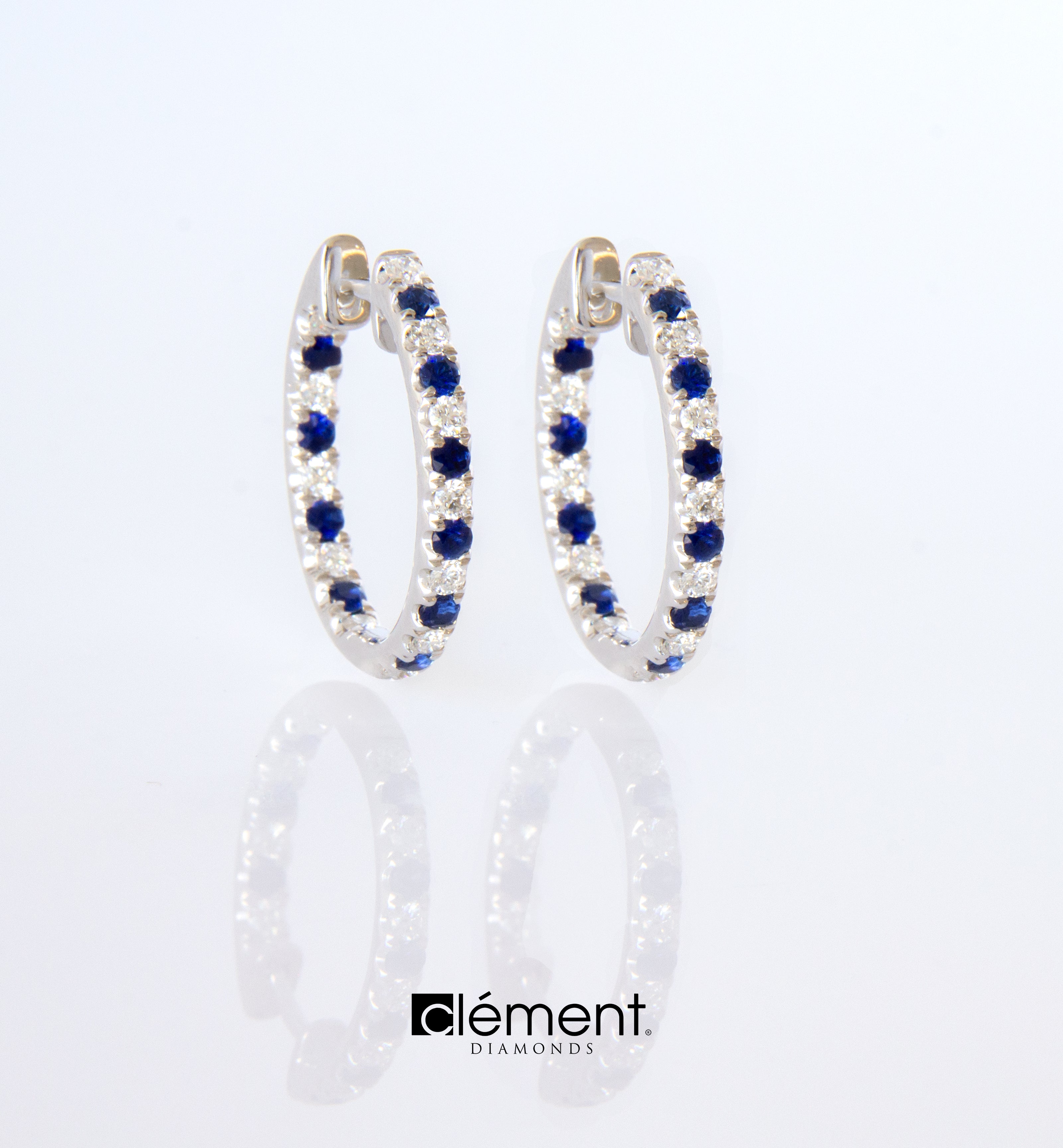 18ct White Gold Diamond and Blue Sapphire Hoop Earrings