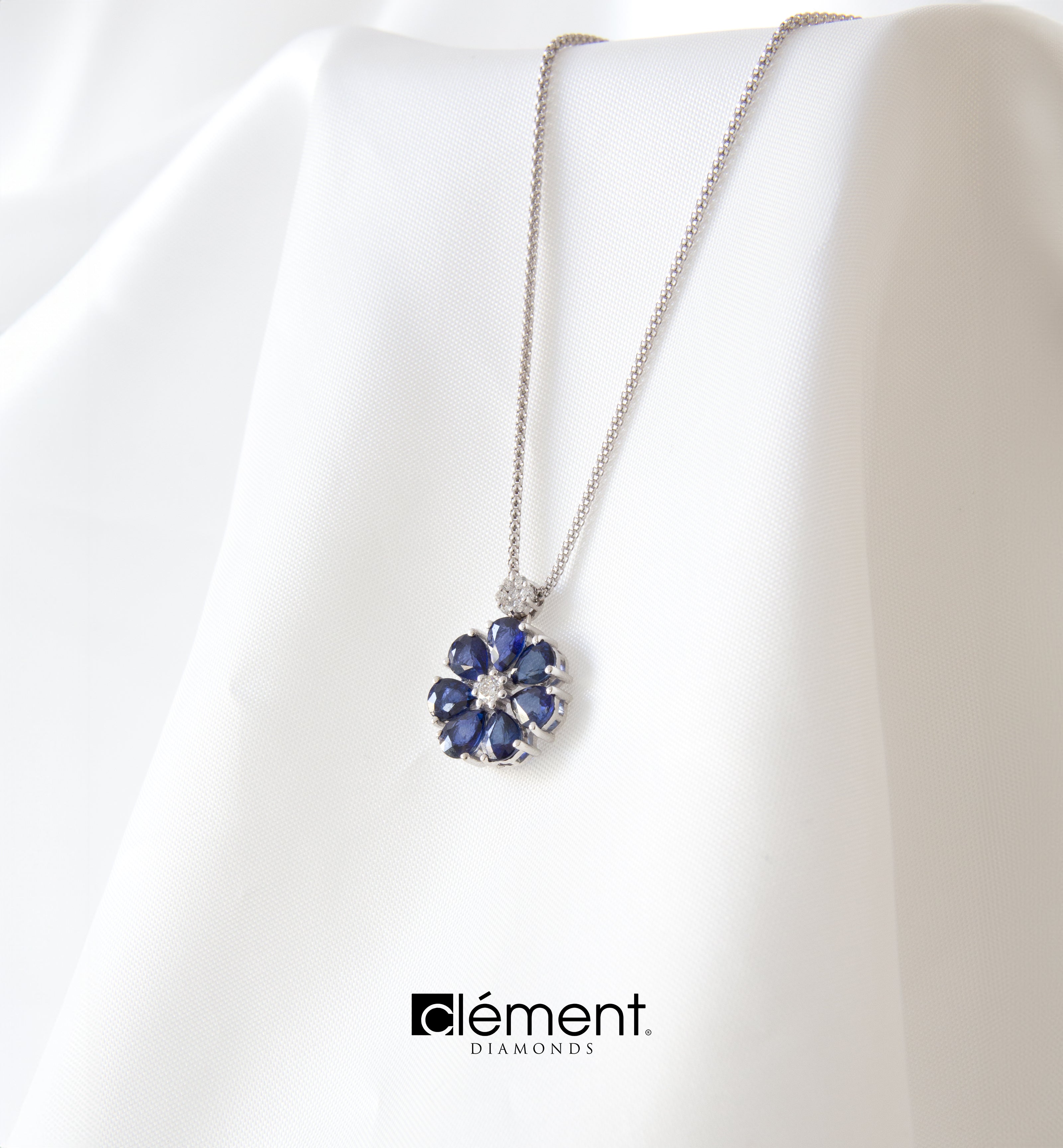 18ct White Gold Natural Diamond and Blue Sapphire Pendant