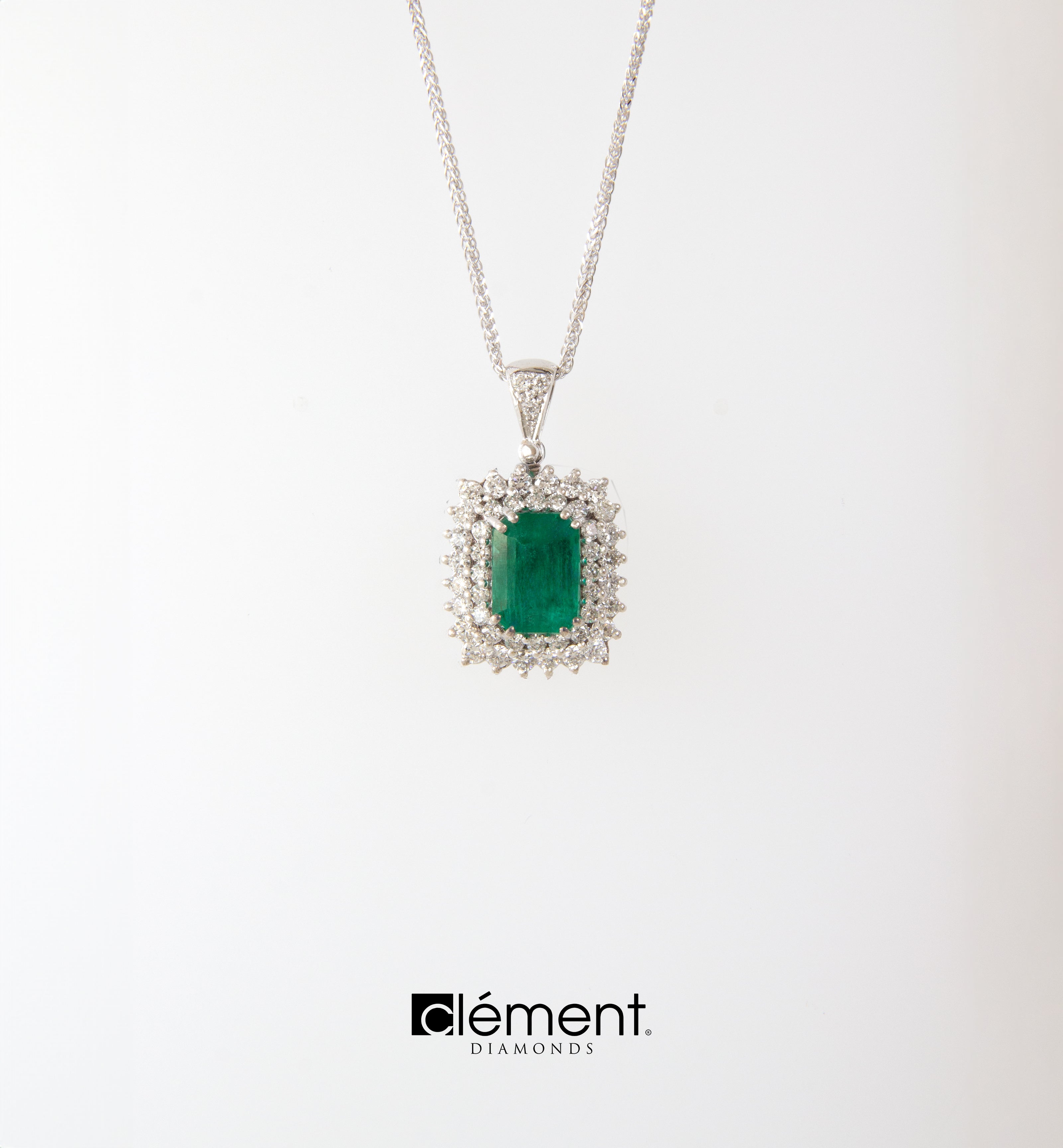 18ct White Gold Natural Diamond and Emerald Pendant