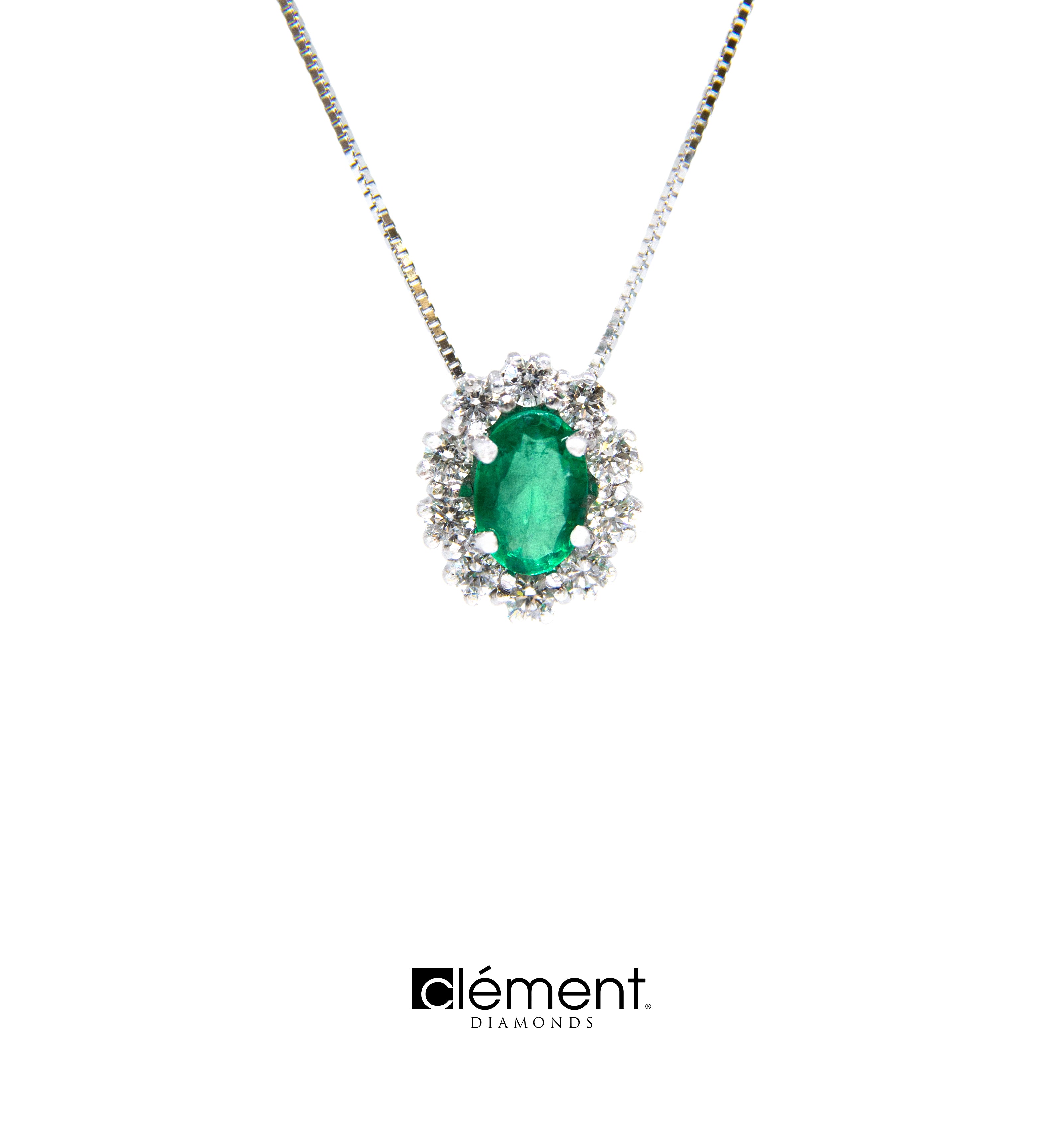 18ct White Gold Diamond and Emerald Pendant
