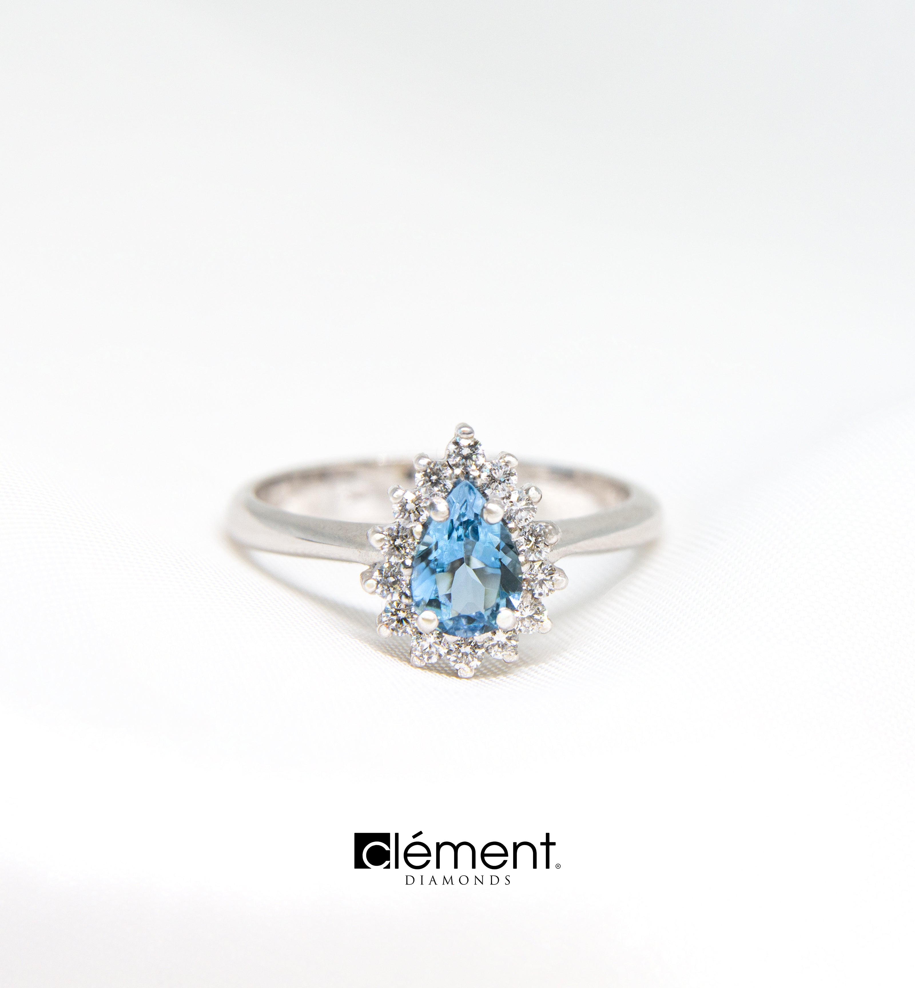 18ct White Gold Diamond and Aquamarine Drop Ring