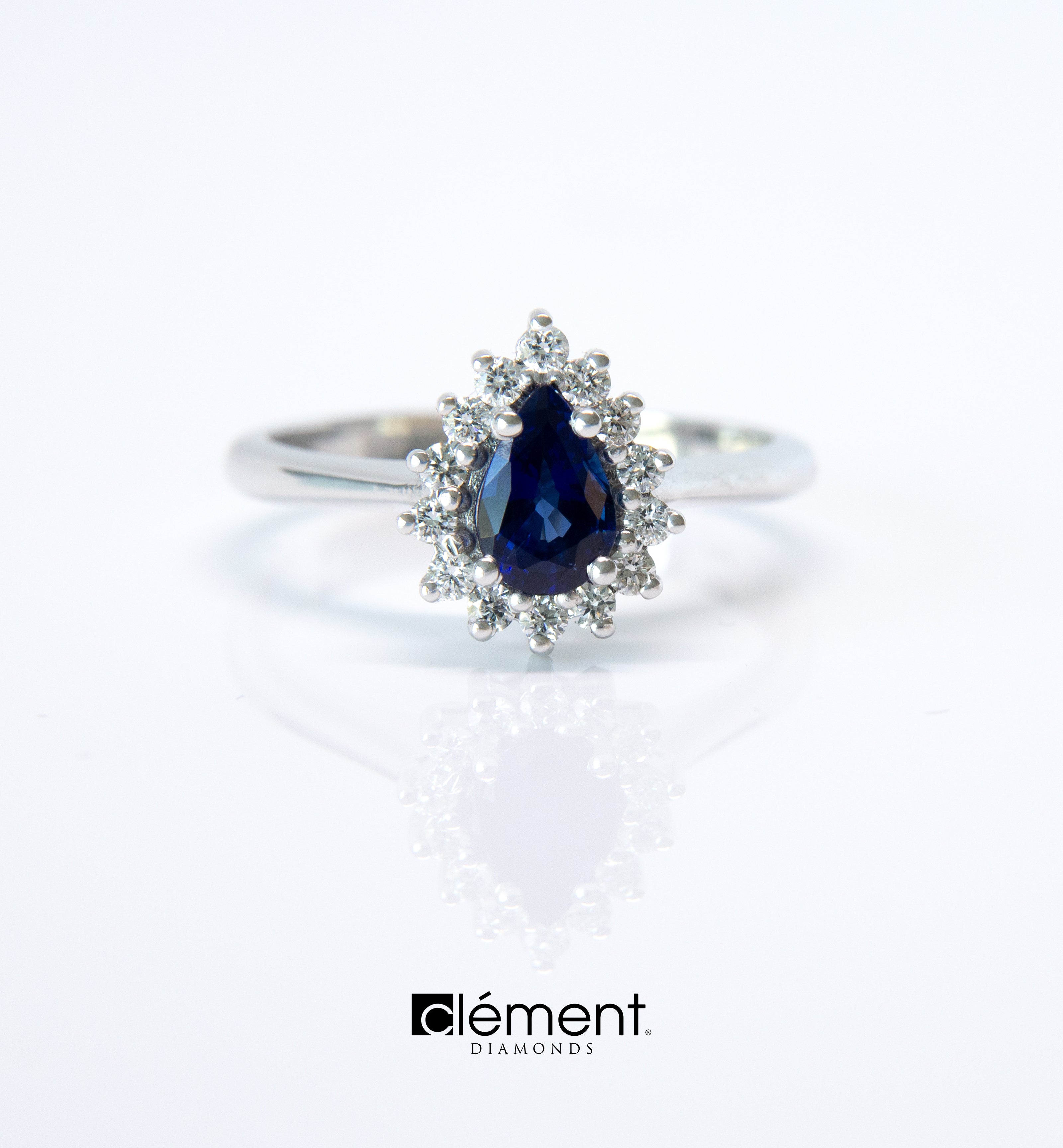 18ct White Gold Diamond and Blue Sapphire Drop Ring