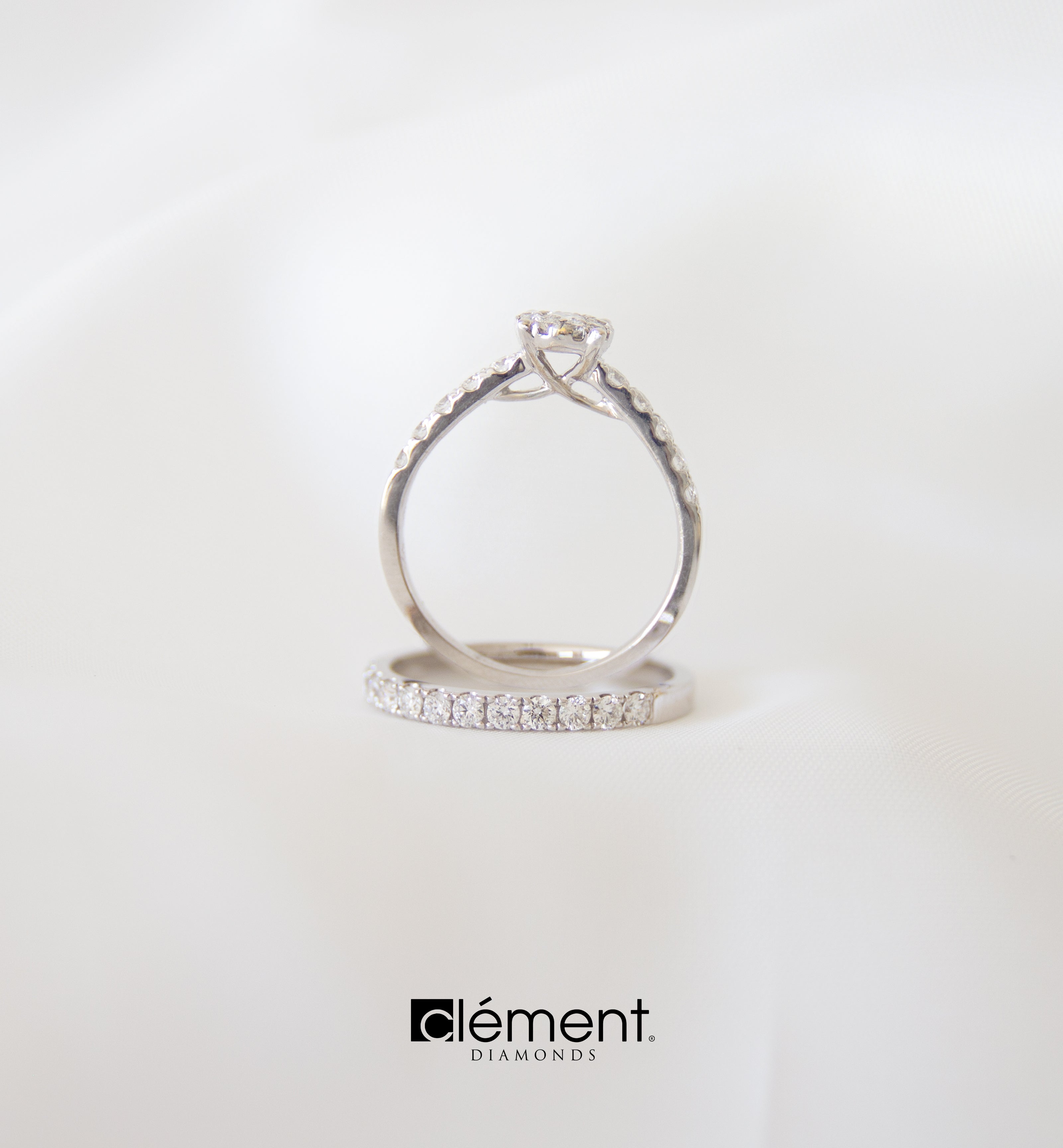 18ct White Gold Natural Cluster of Diamond Ring and Half Round Eternity Ring Set