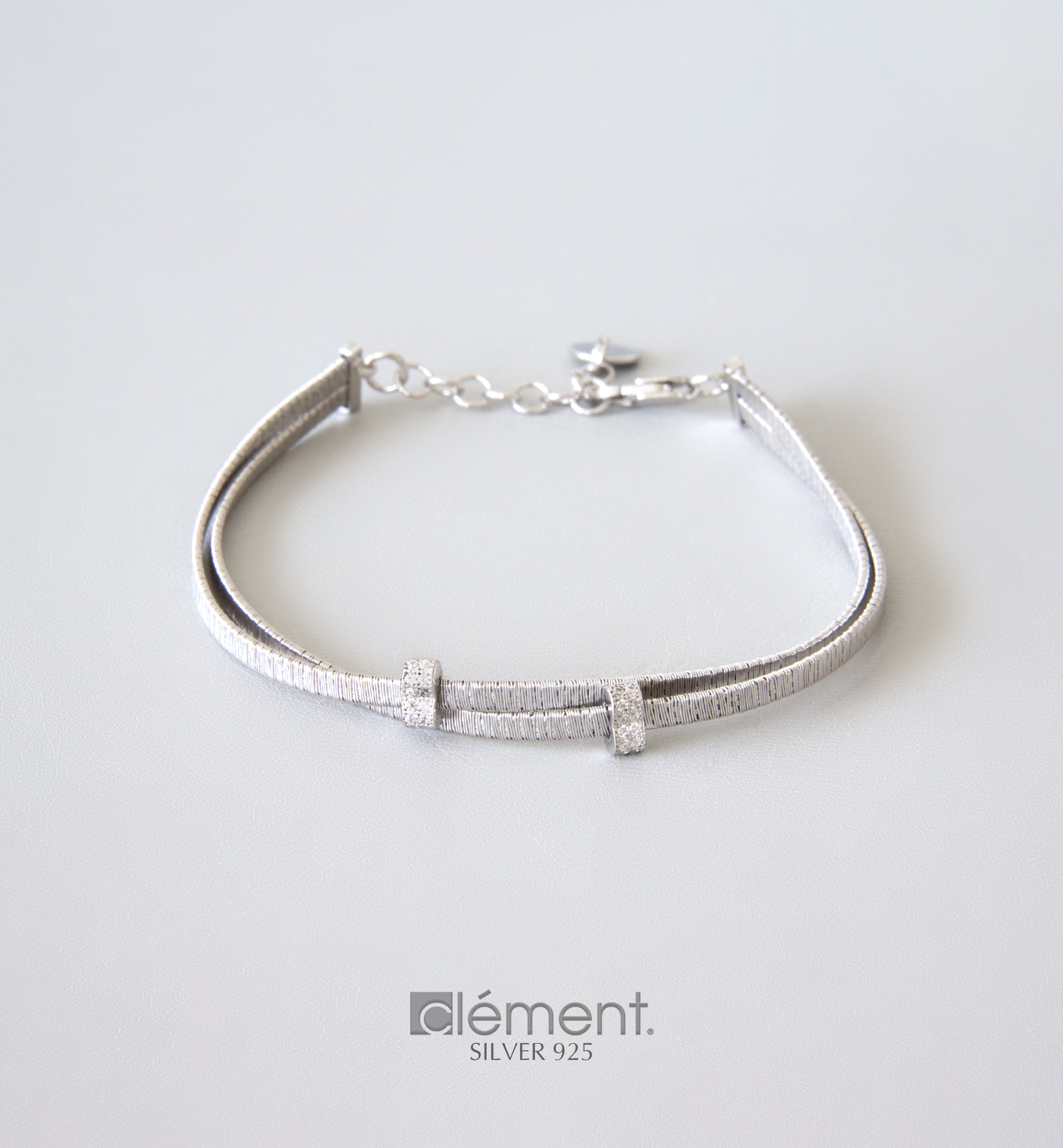 Silver 925 Double Flat Bracelet with CZ Stones