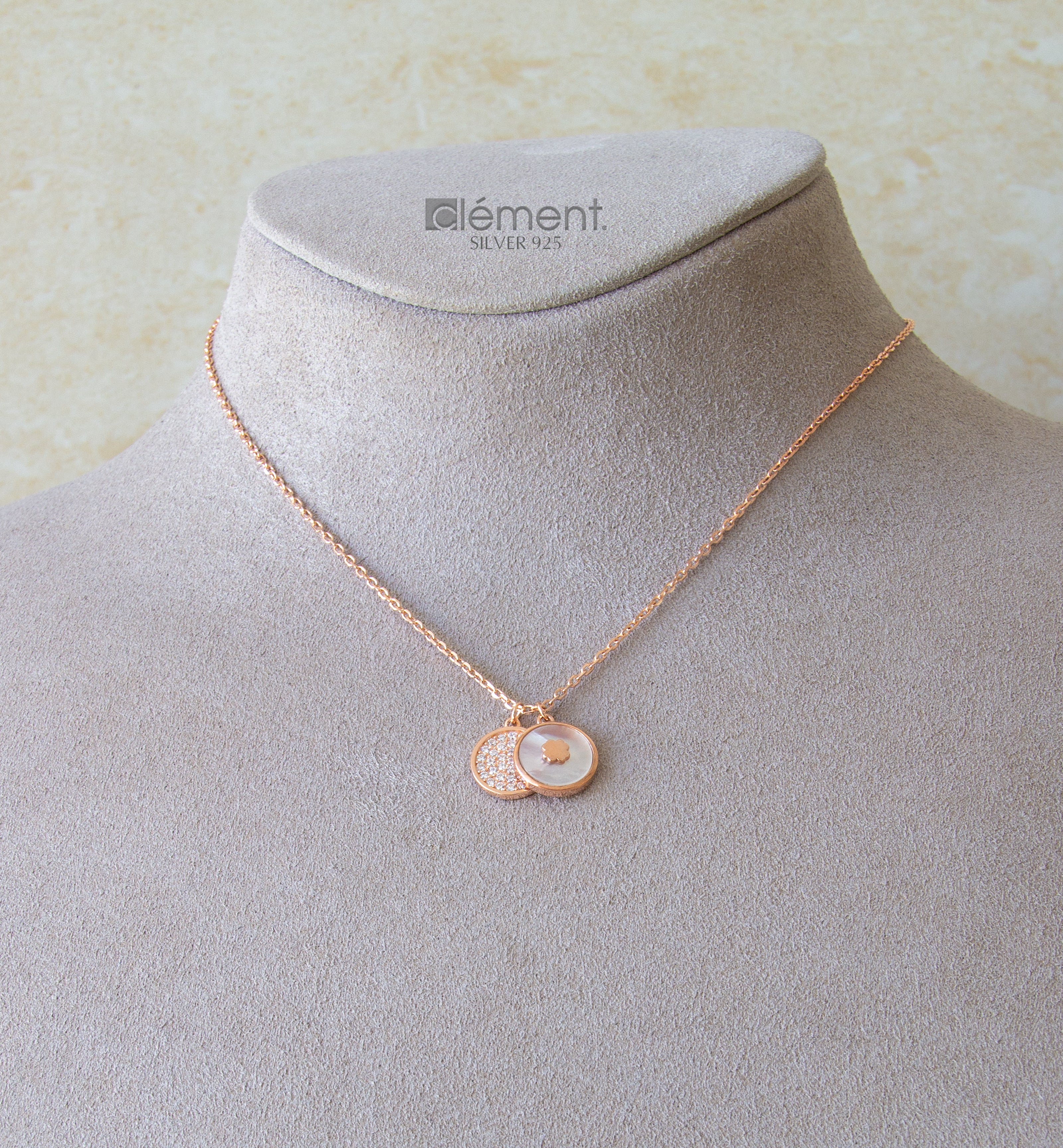 Silver 925 Rose Gold Plated Mother of Pearl and CZ Stones Necklace