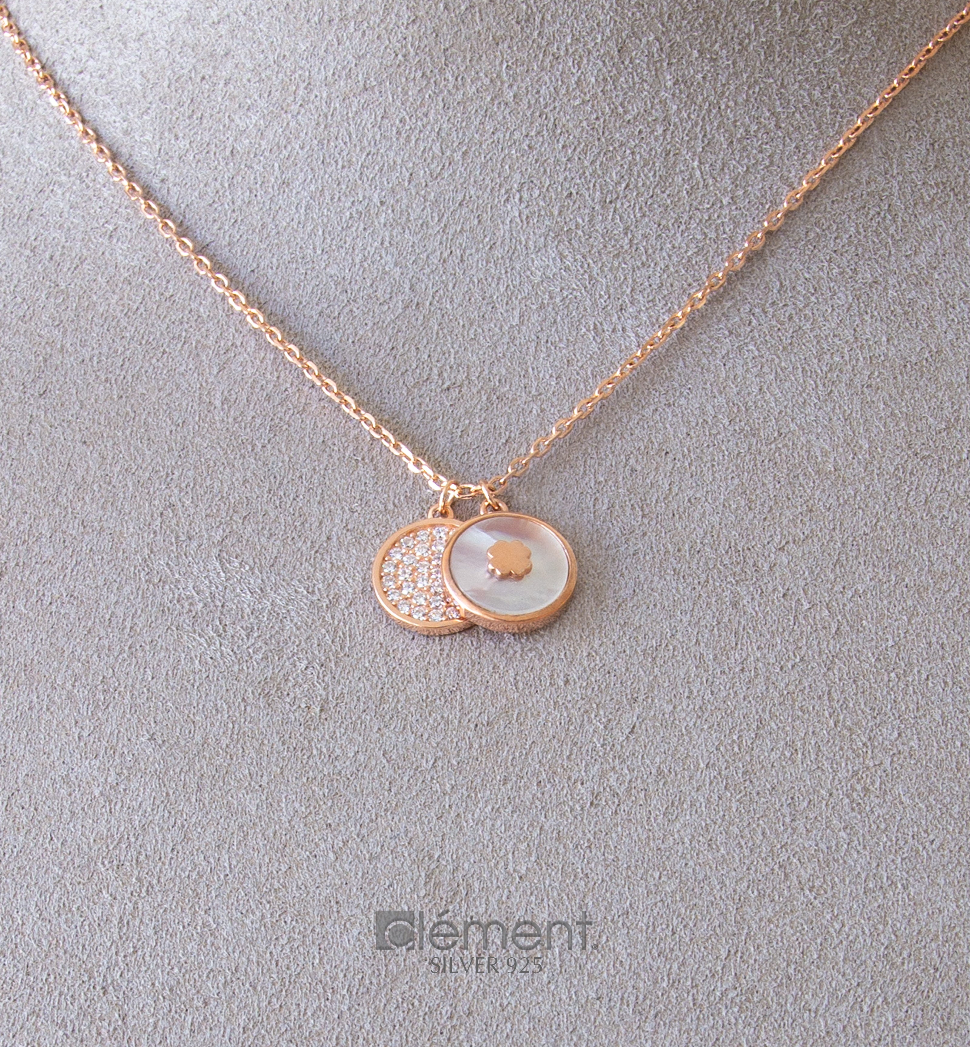 Silver 925 Rose Gold Plated Mother of Pearl and CZ Stones Necklace