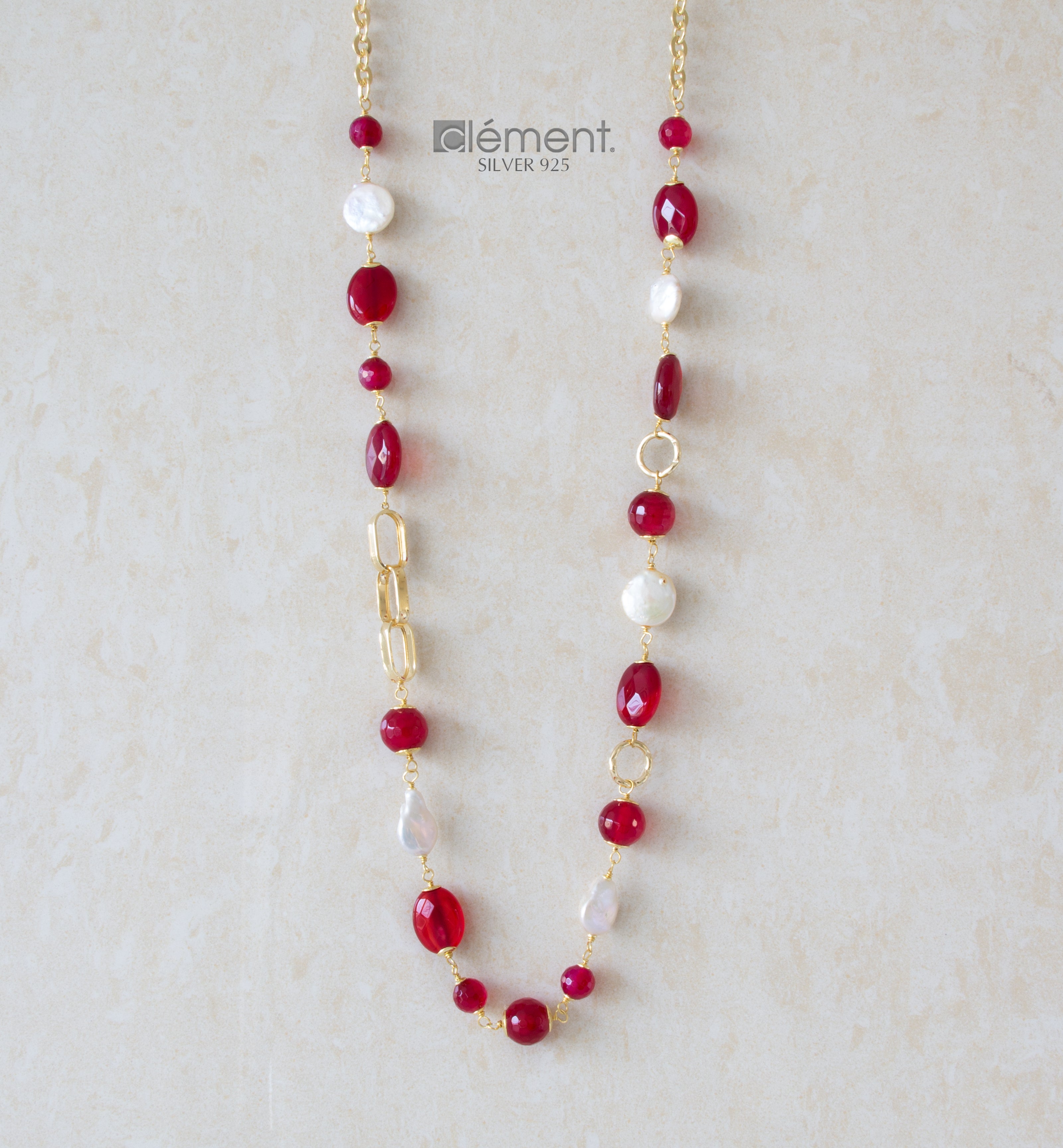 Silver 925 Long Necklace with Semi-Precious Stones