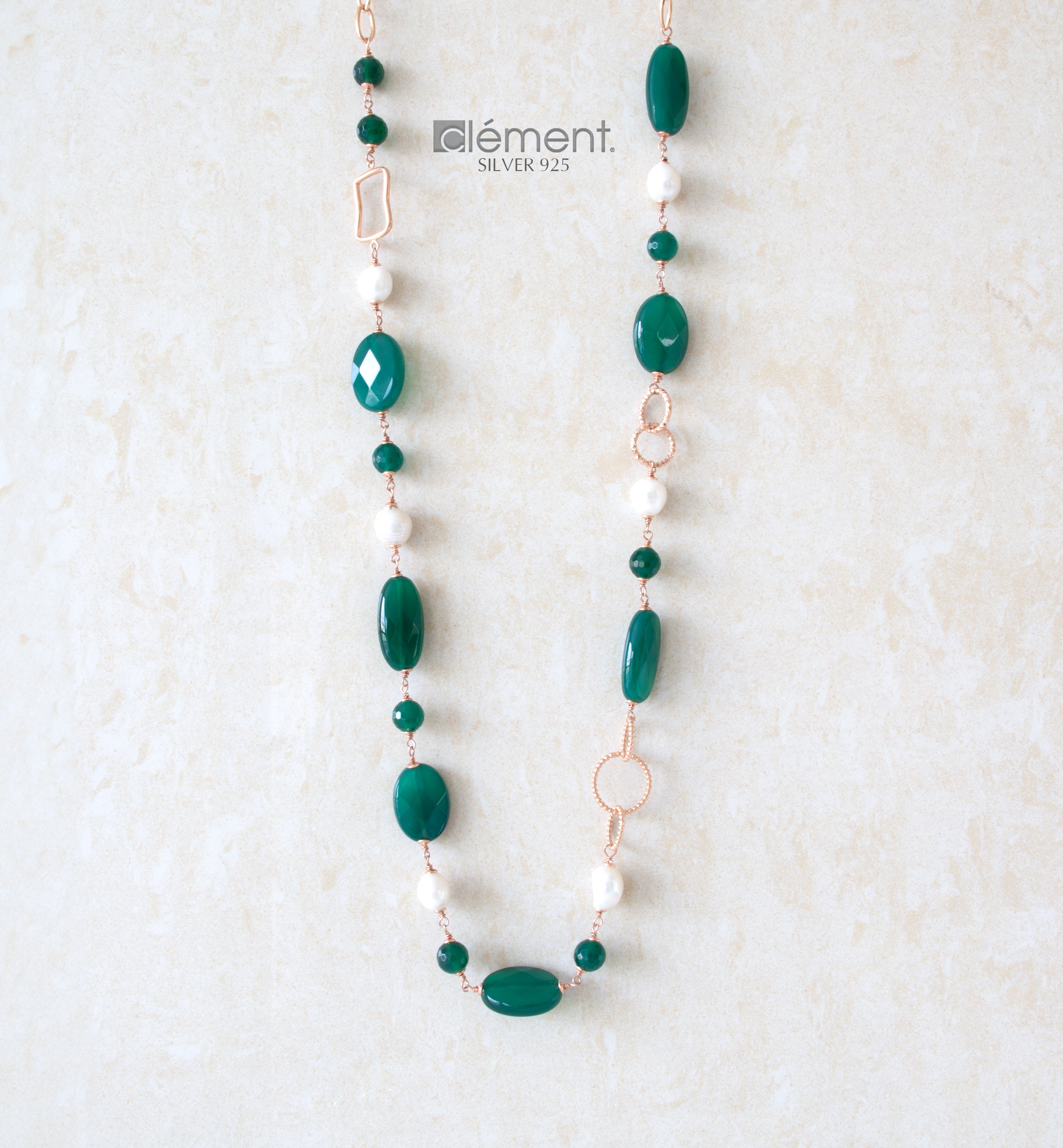 Silver 925 Long Necklace with Semi-Precious and Pearls