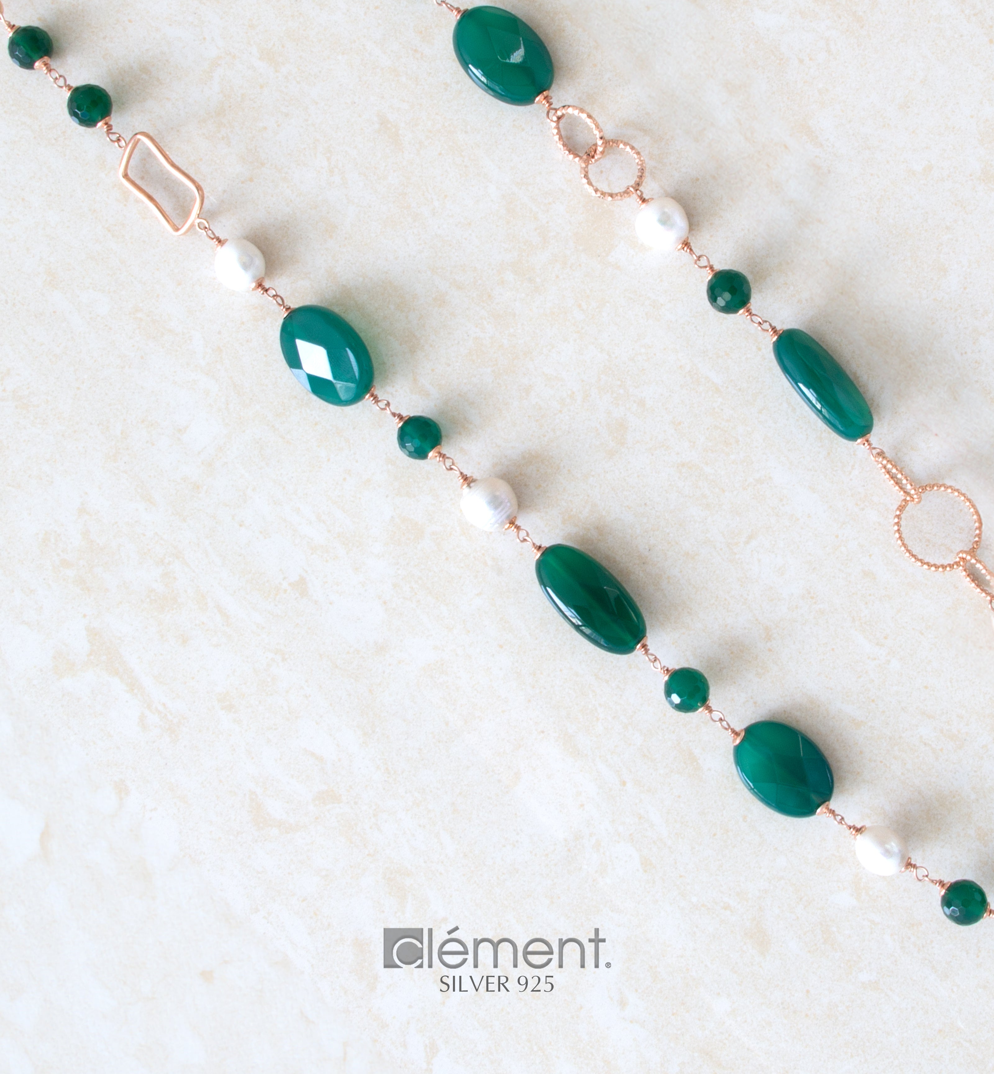 Silver 925 Long Necklace with Semi-Precious and Pearls