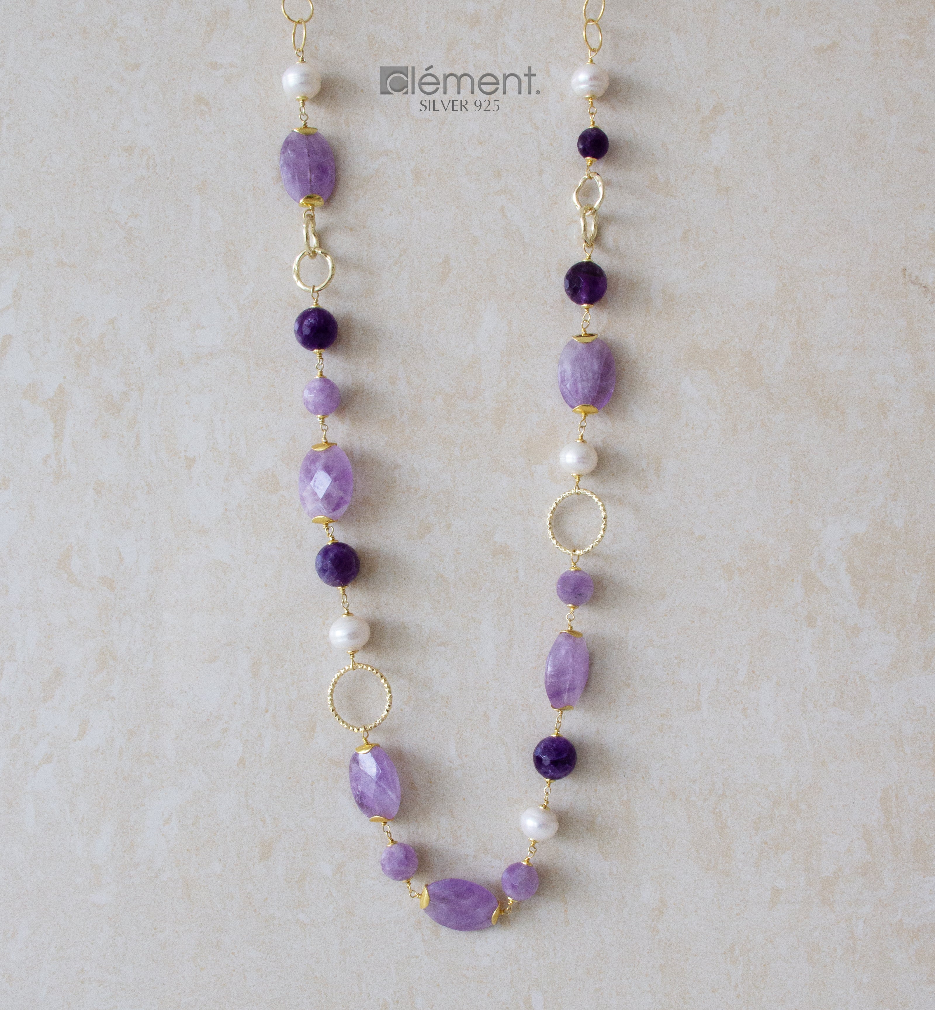 Silver 925 Long Necklace with Semi-Precious Stones & Pearls