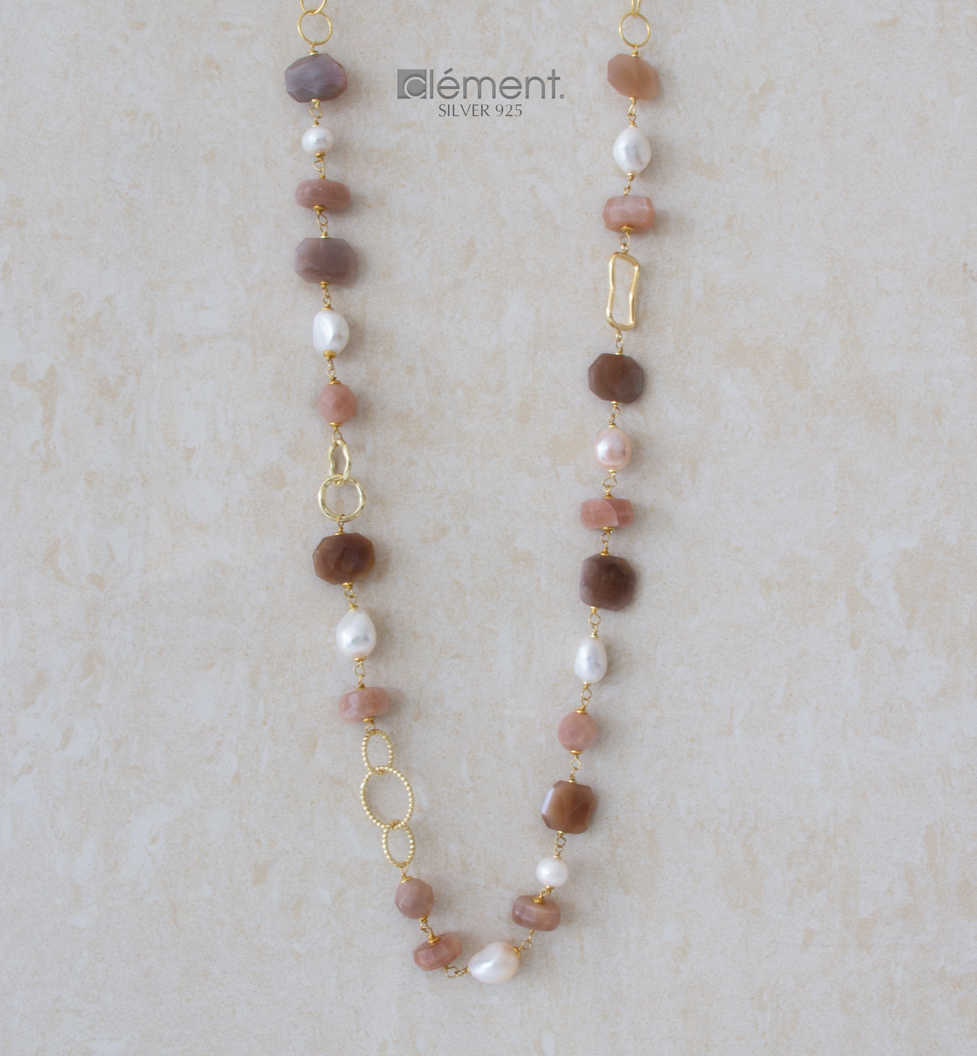 Silver 925 Long Necklace with Semi-Precious Stones and Pearls