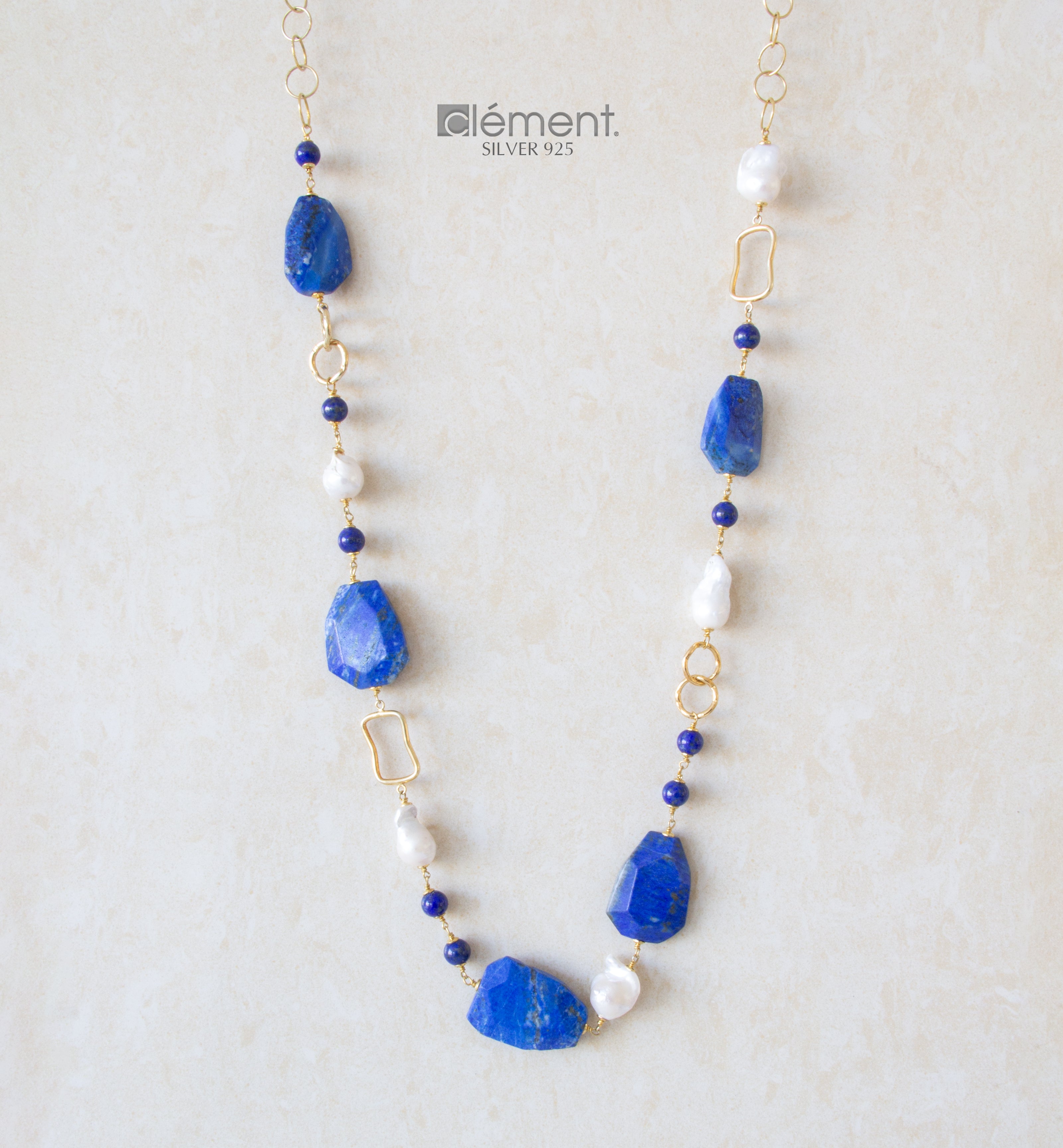 Silver 925 Long Necklace with Semi-Precious Stones and Baroque Pearls