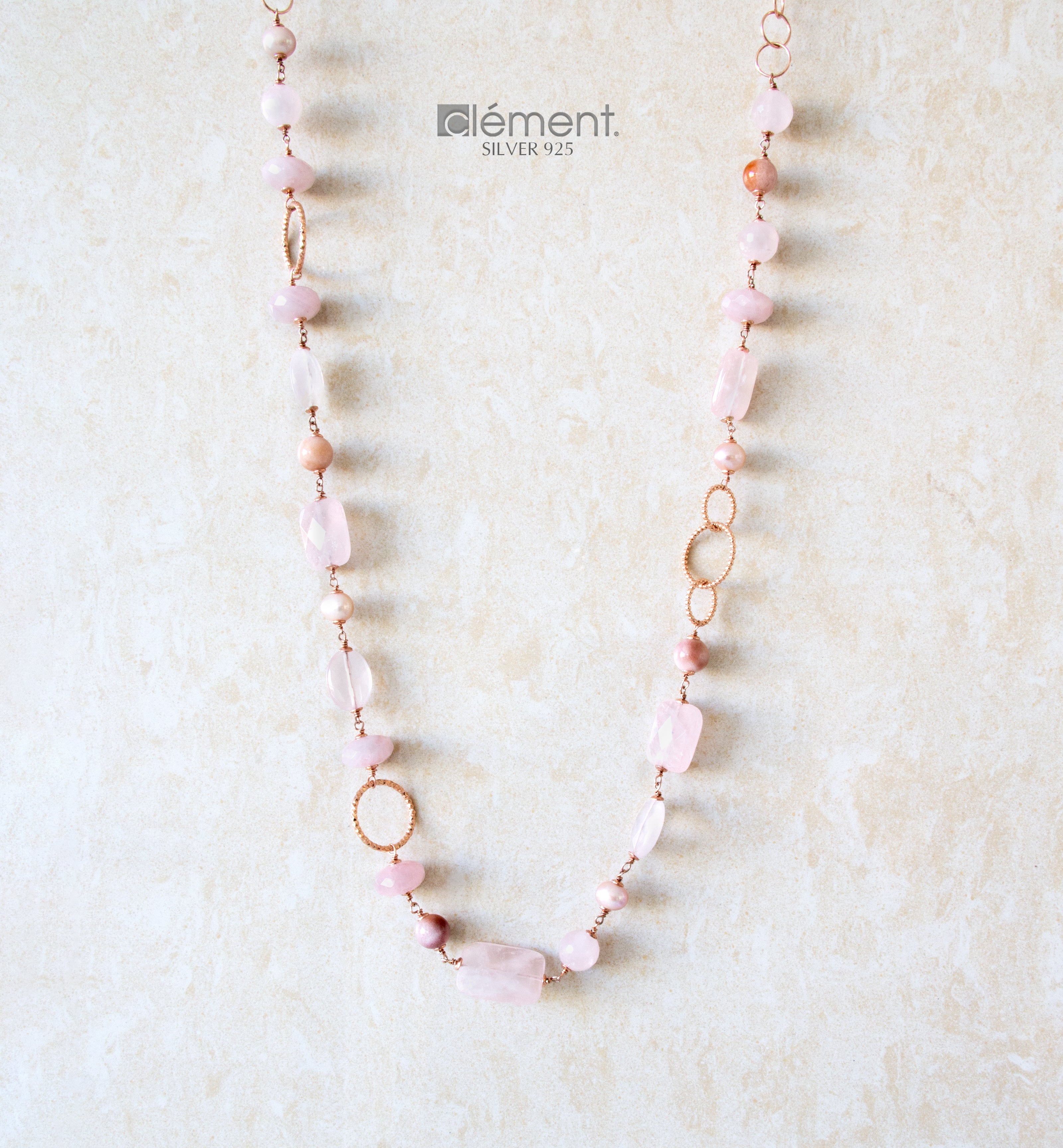 Silver 925 Long Necklace with Semi-Precious Stones and Pearl