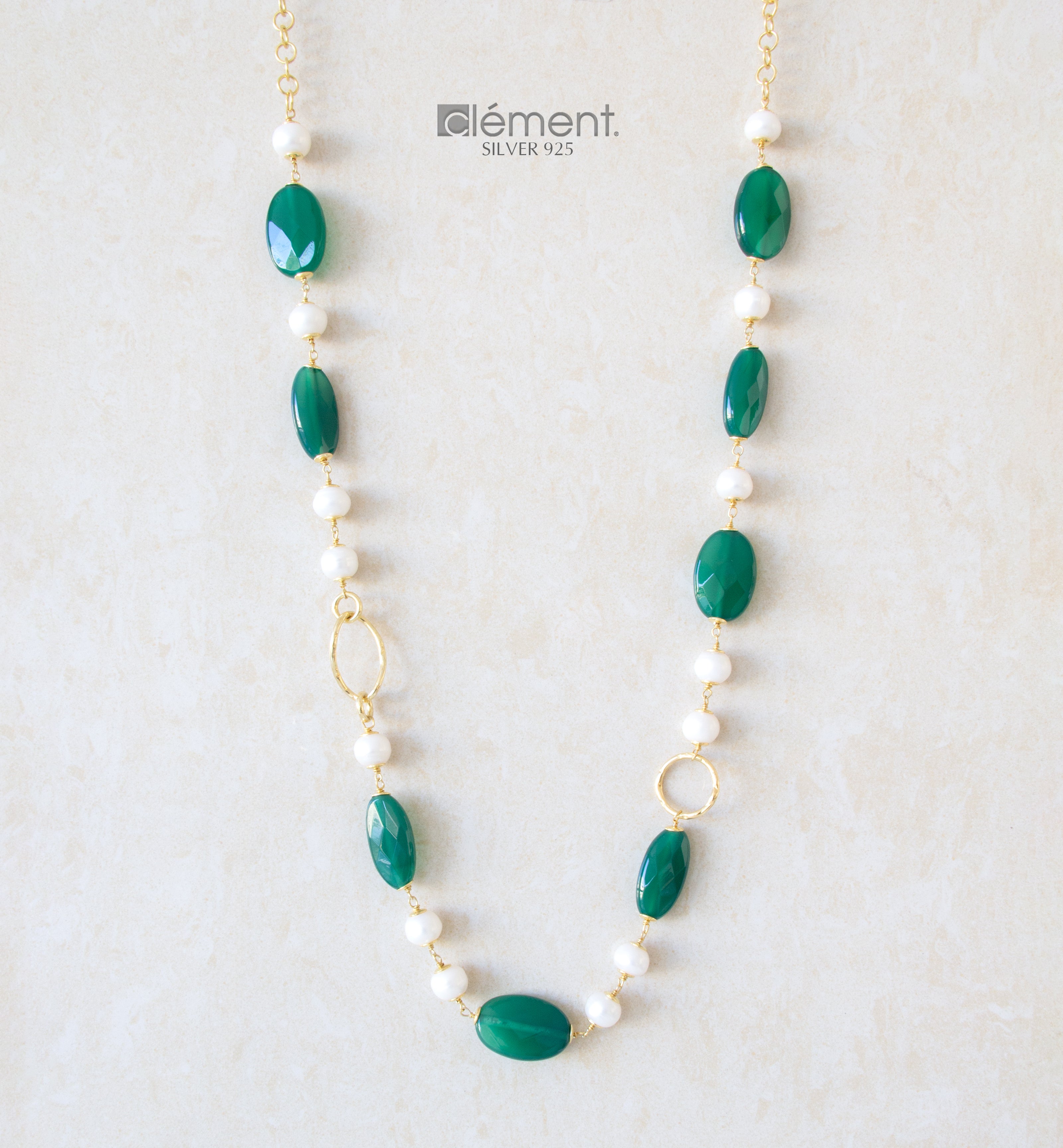 Silver 925 Long Necklace with Semi-Precious Stones and Pearls