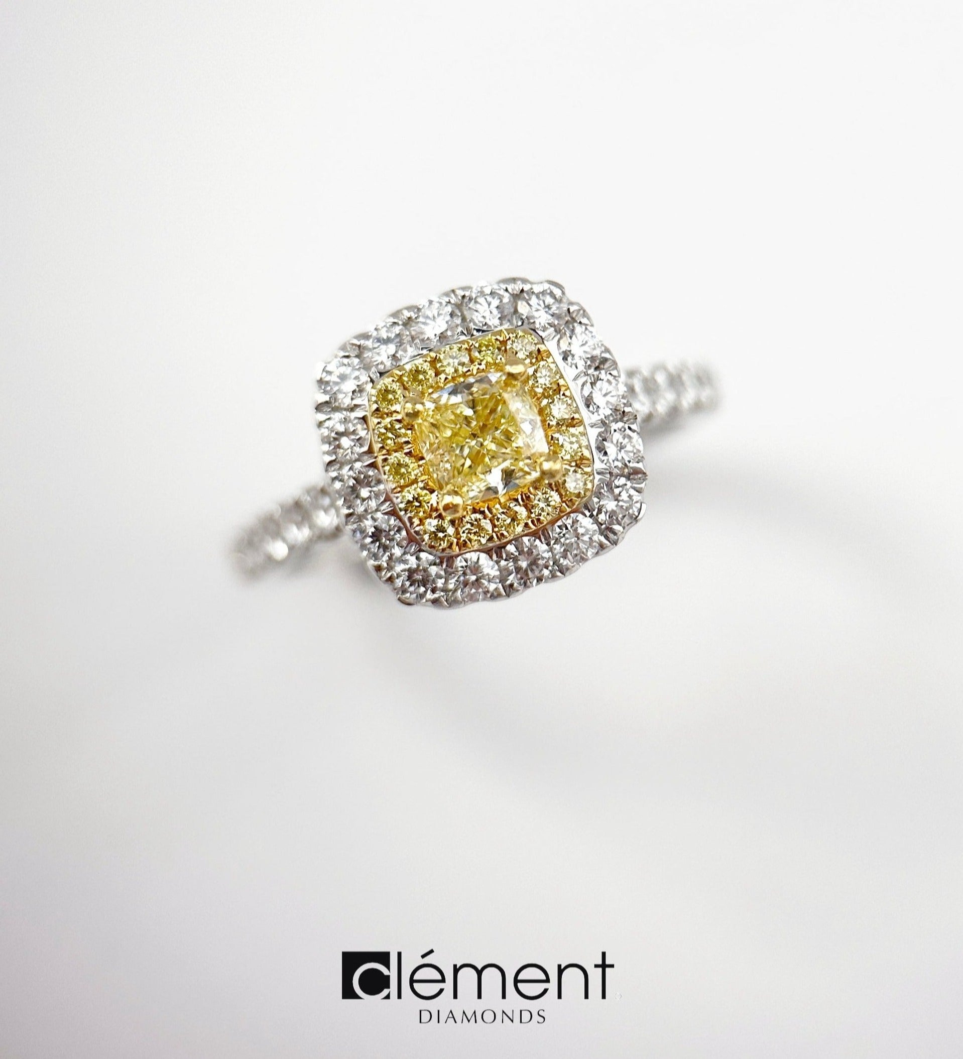 18ct Gold Natural Fancy Yellow Cushion Cut Diamond Ring with Double Diamond Halo