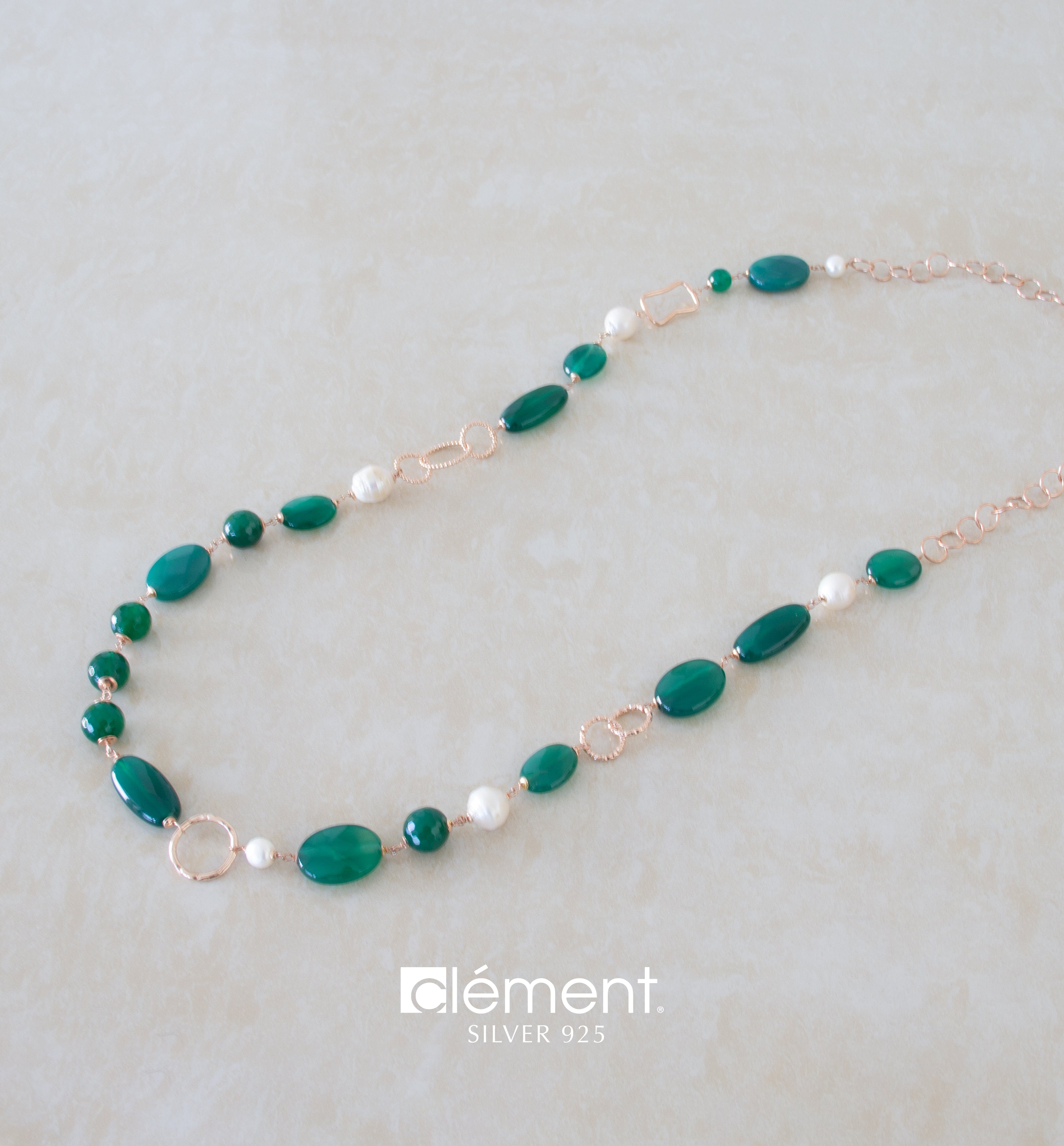 Silver 925 Long Necklace with Semi-Precious Stones and Pearls
