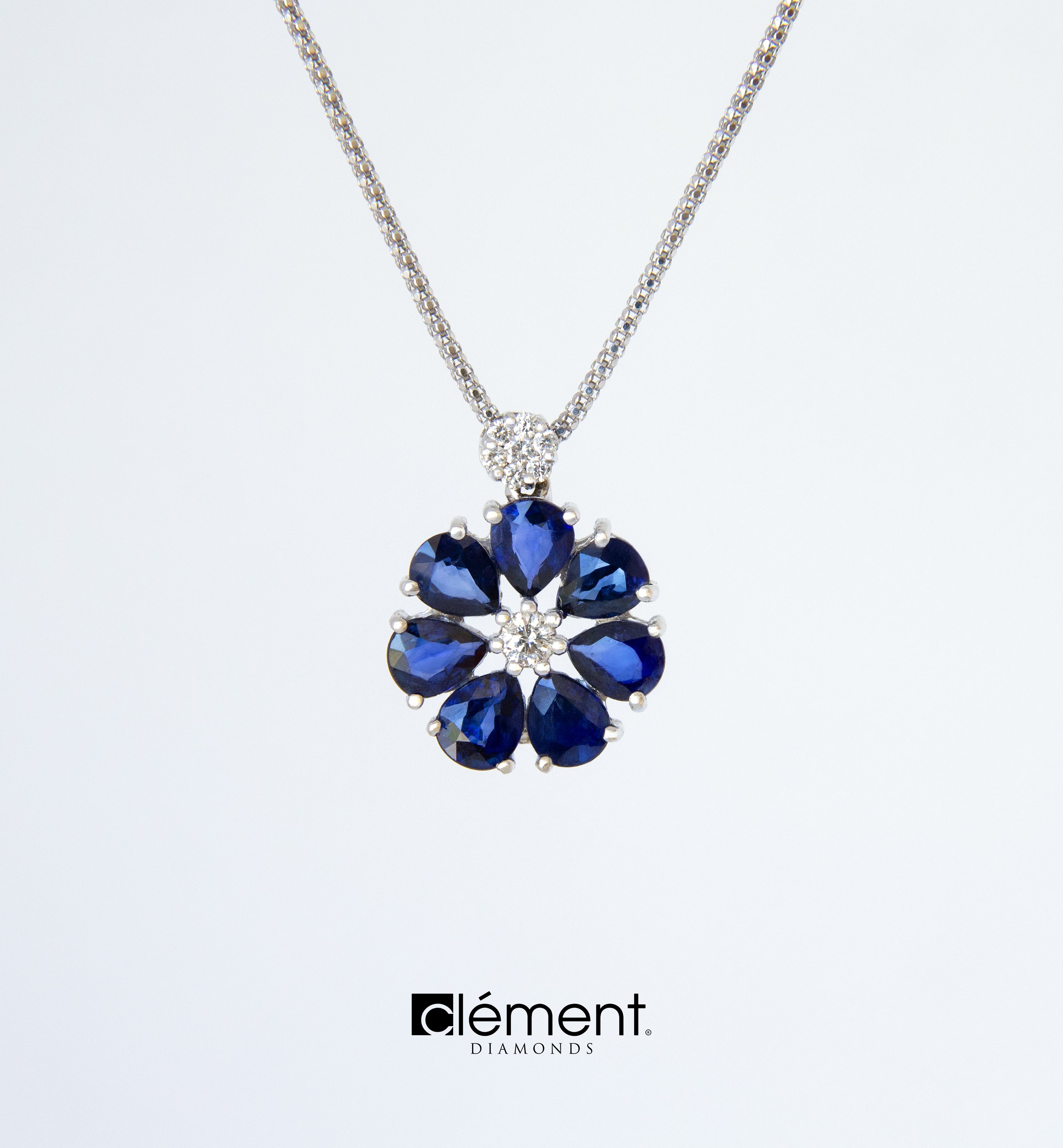 18ct White Gold Natural Diamond and Blue Sapphire Pendant