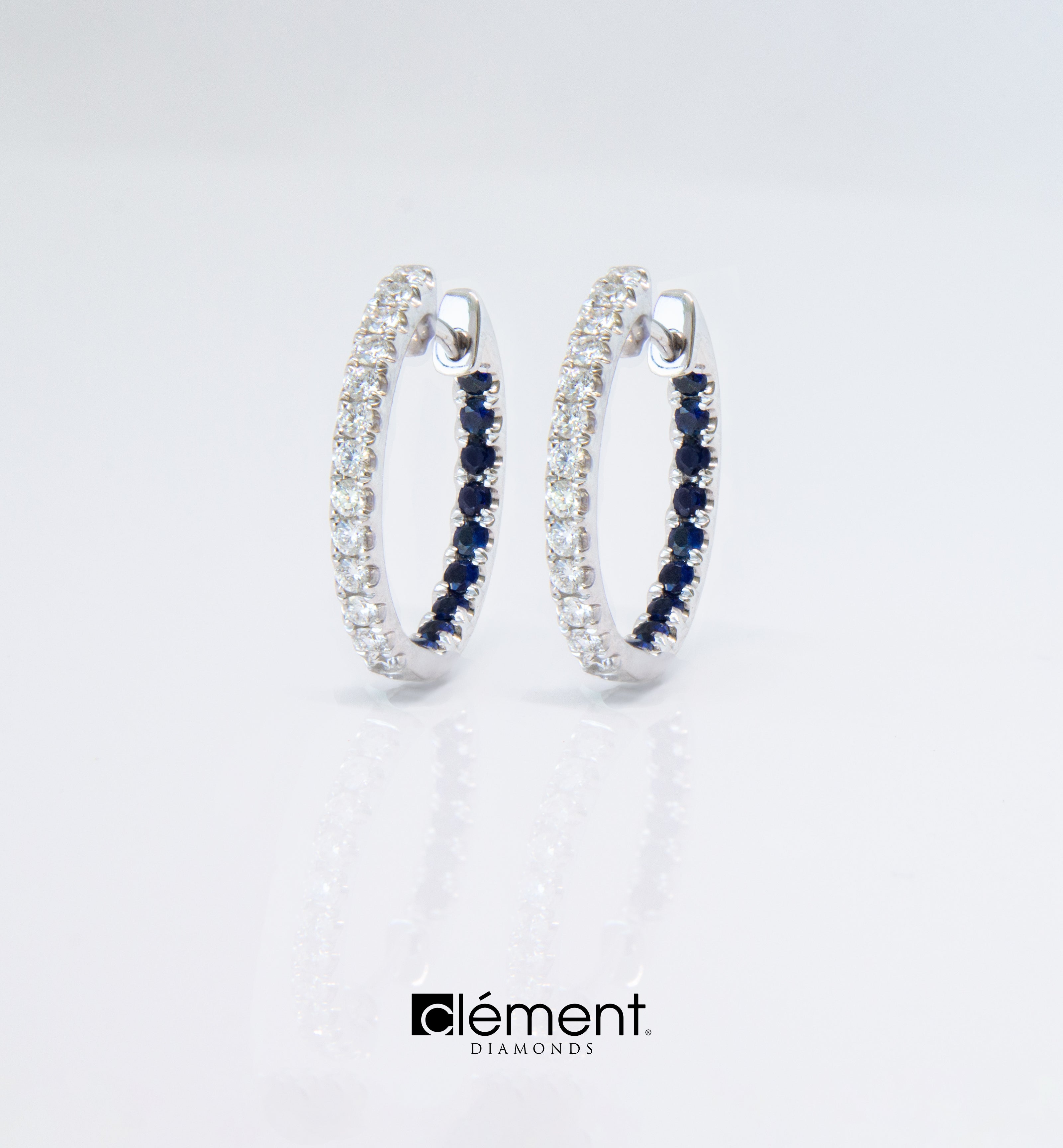 18ct White Gold Diamond and Blue Sapphire Hoop Earrings