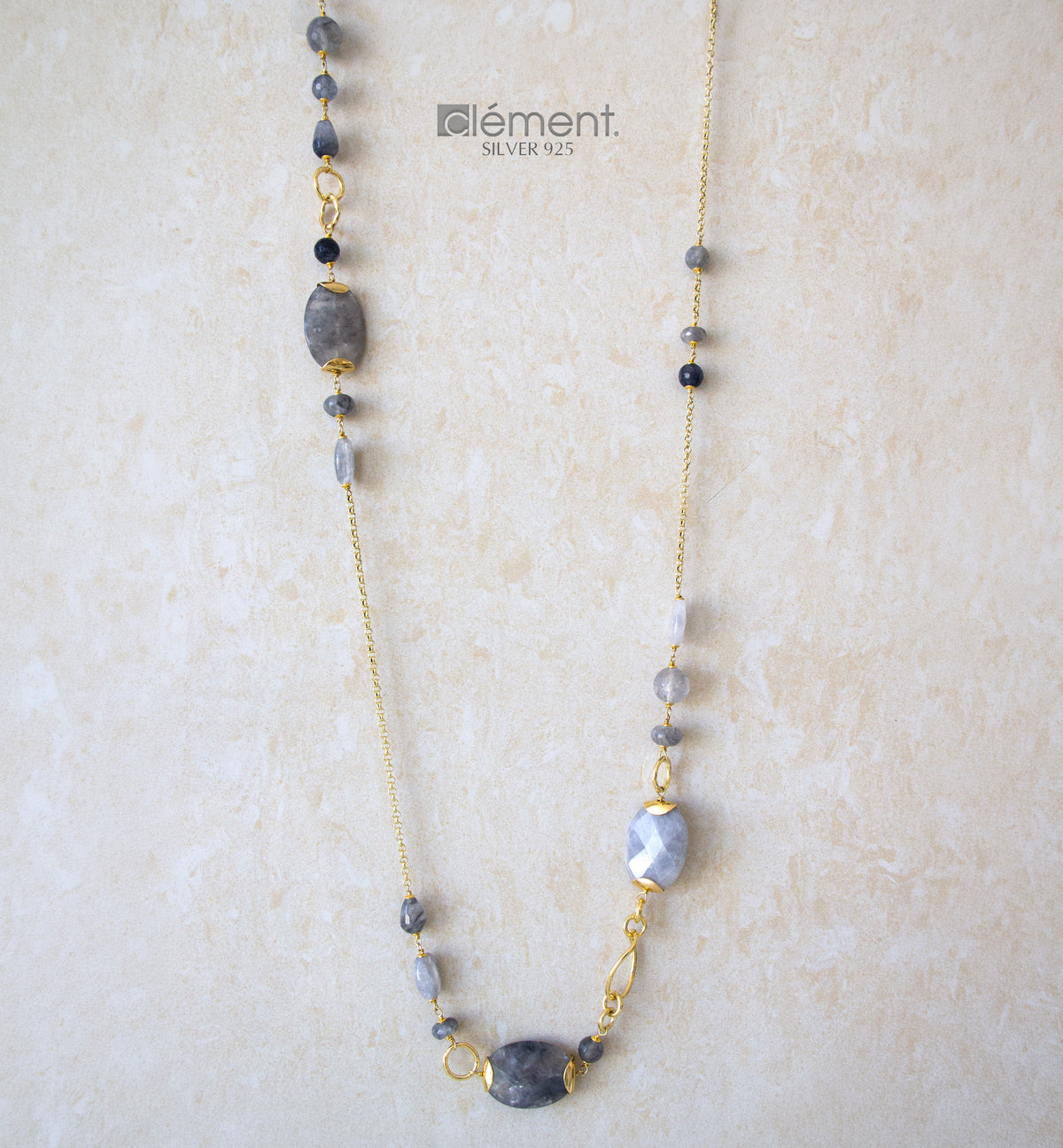 Silver 925 Long Necklace with Semi-Precious Stones