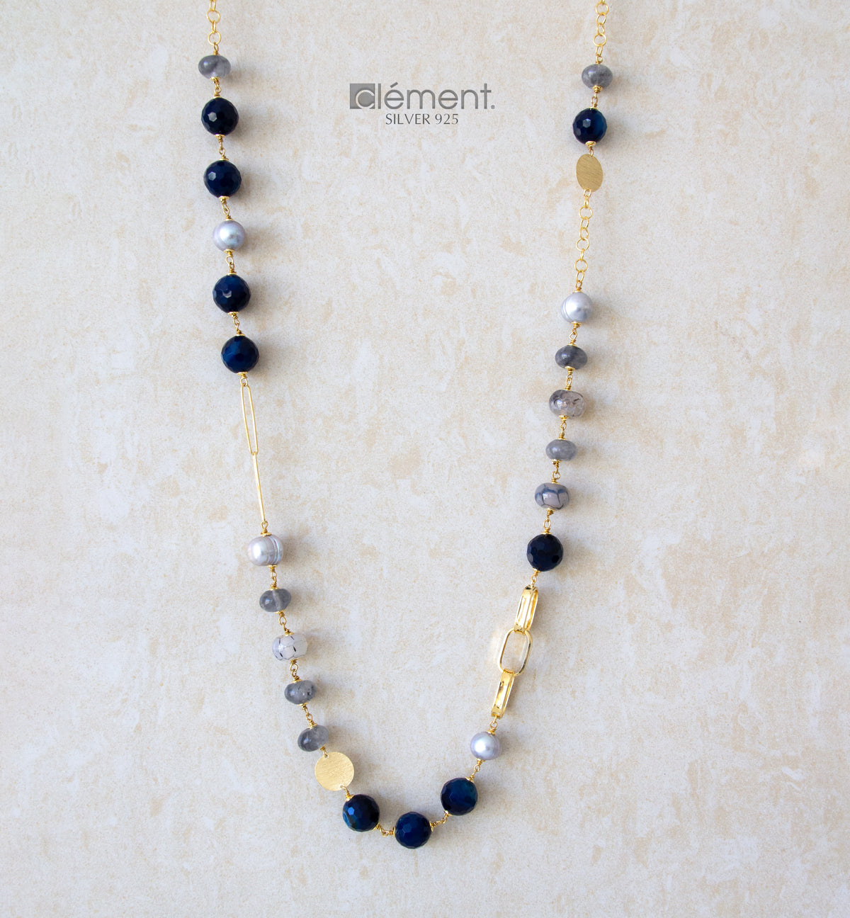 Silver 925 Long Necklace with Semi-Precious Stones and FW Cultured Pearls