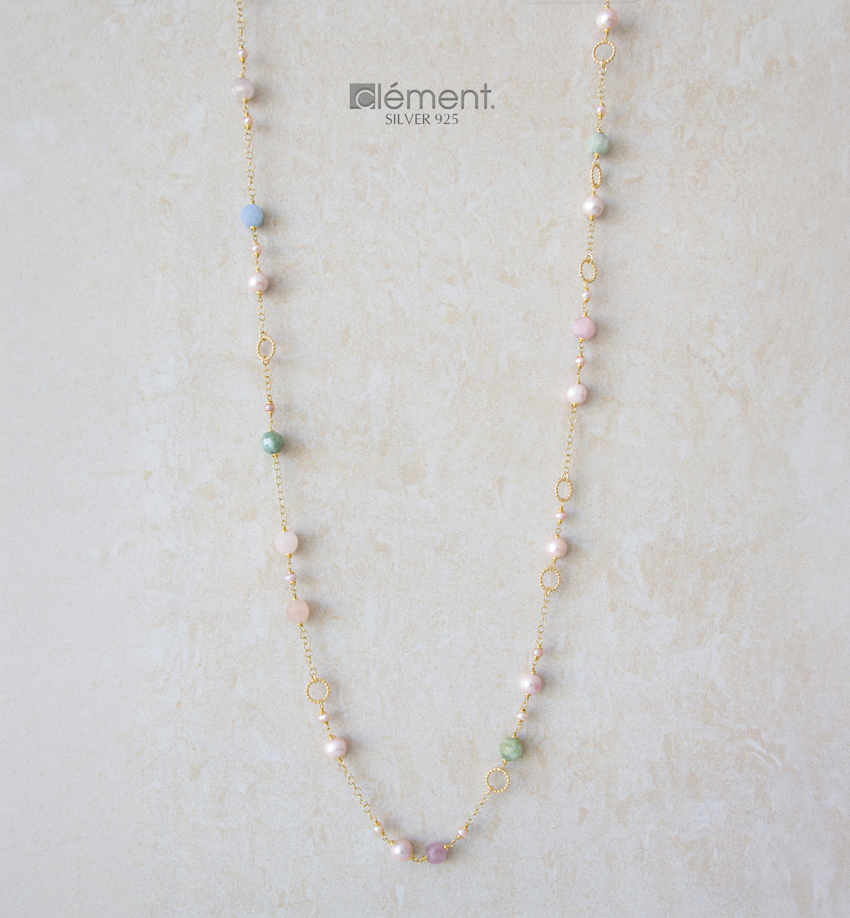 Silver 925 Long Necklace with Semi-Precious Stones and Pearls