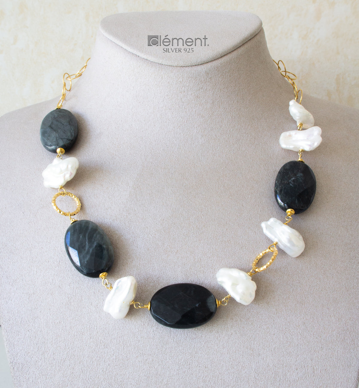 Silver 925 Necklace with Semi-Precious Stones and Pearls