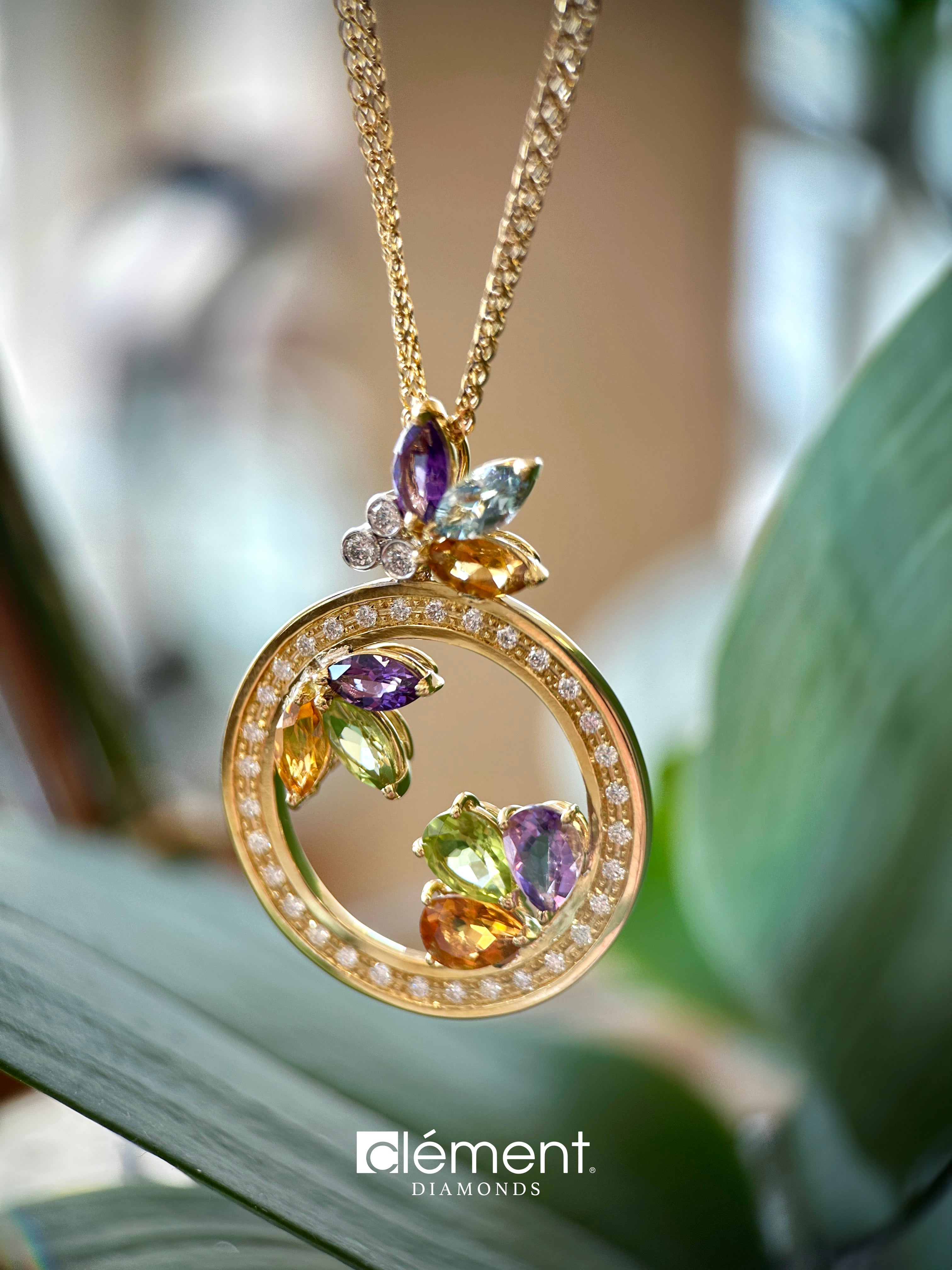 18ct Yellow Gold Natural Diamond & Semi-Precious Stones Pendant Necklace