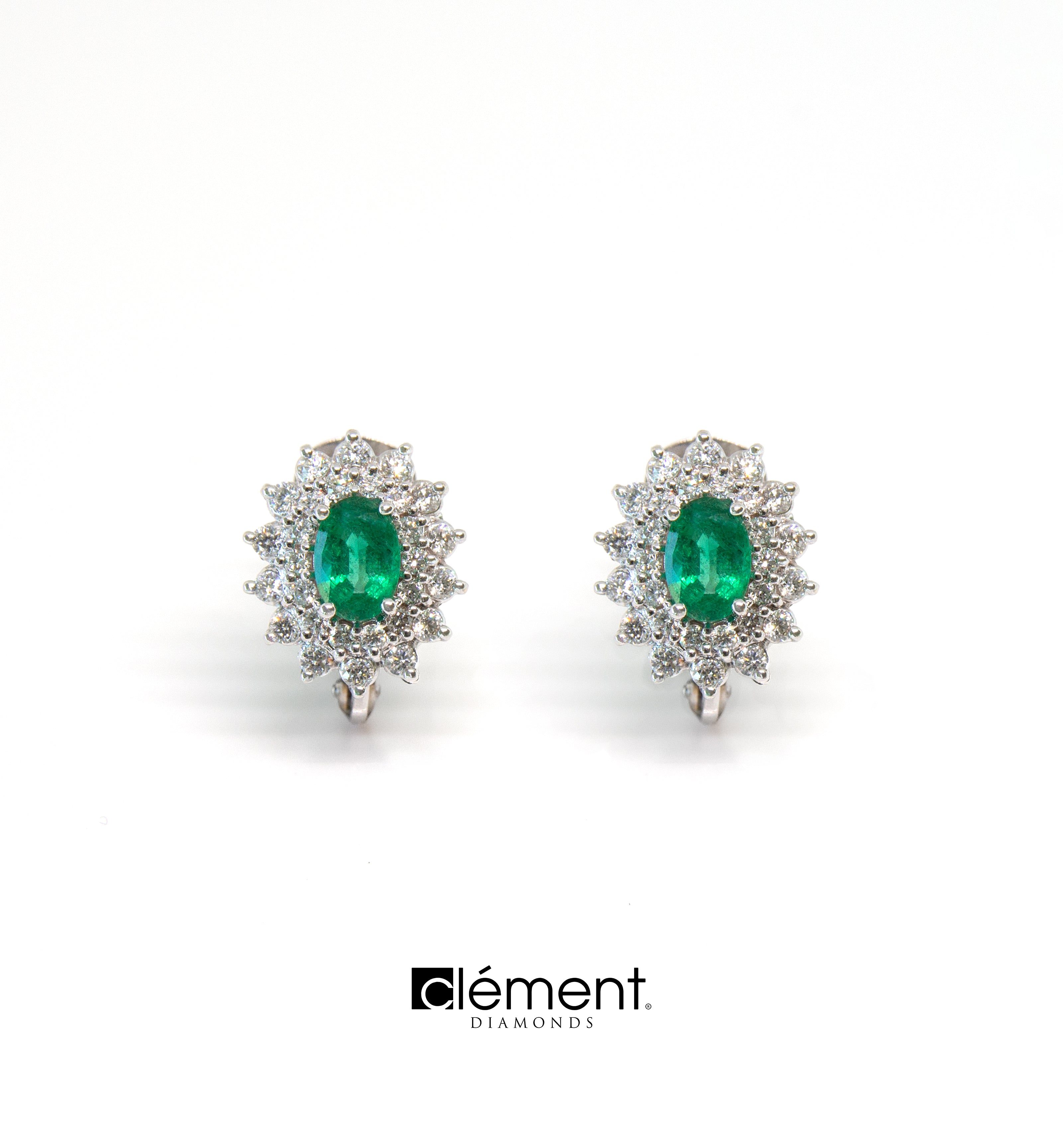 18ct White Gold Emerald and Double Halo Diamond Earrings