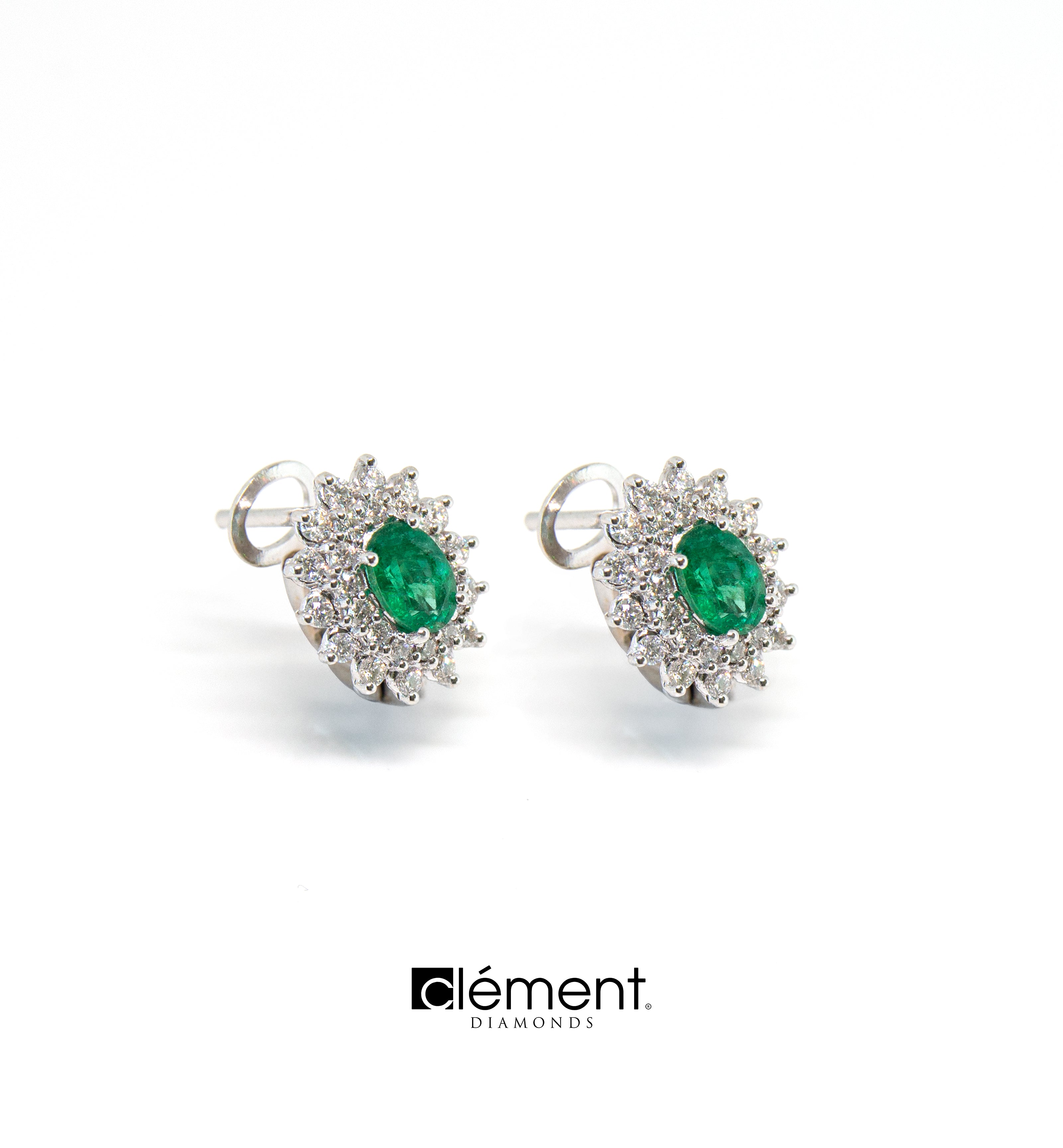 18ct White Gold Emerald and Double Halo Diamond Earrings