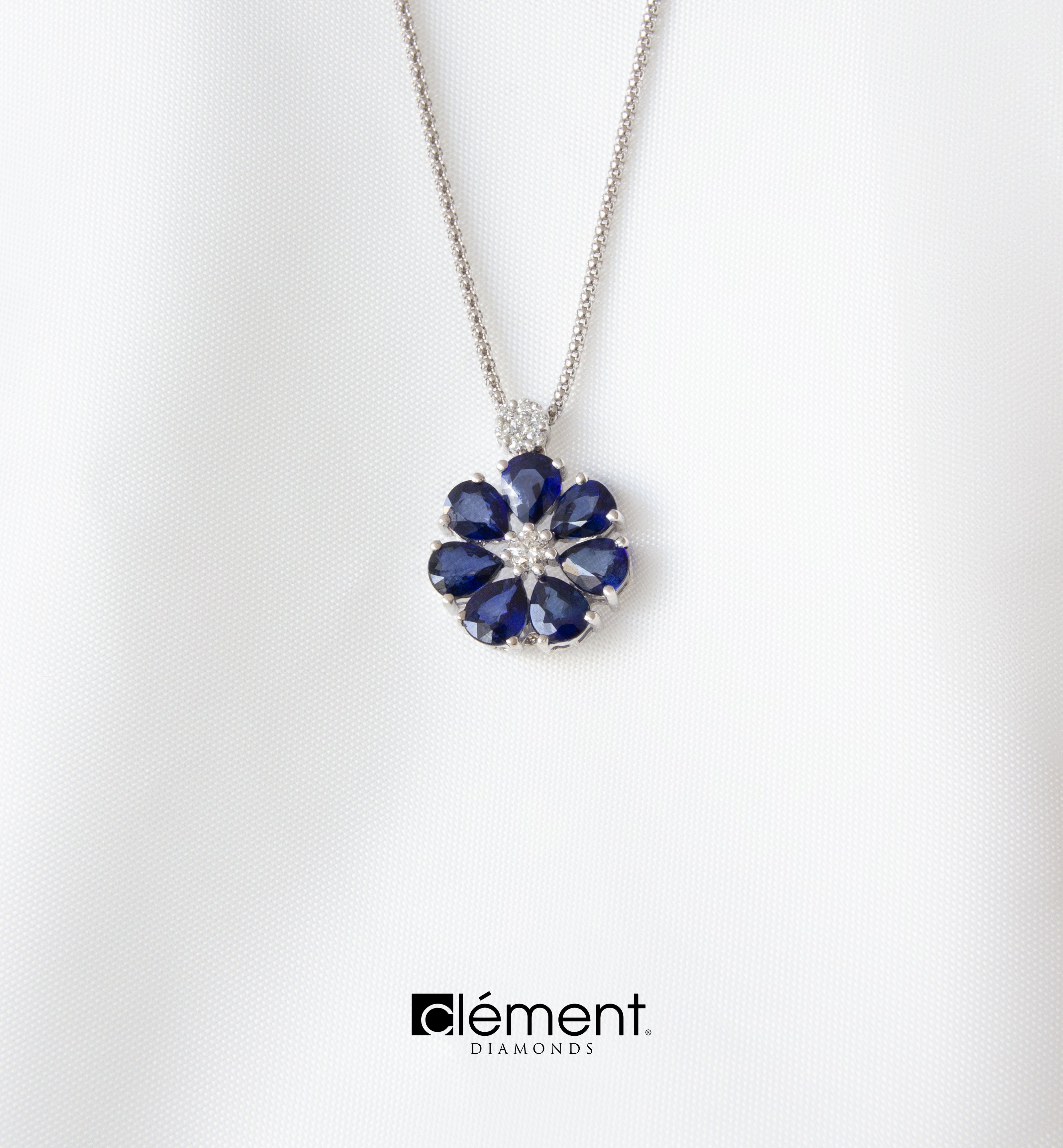 18ct White Gold Natural Diamond and Blue Sapphire Pendant