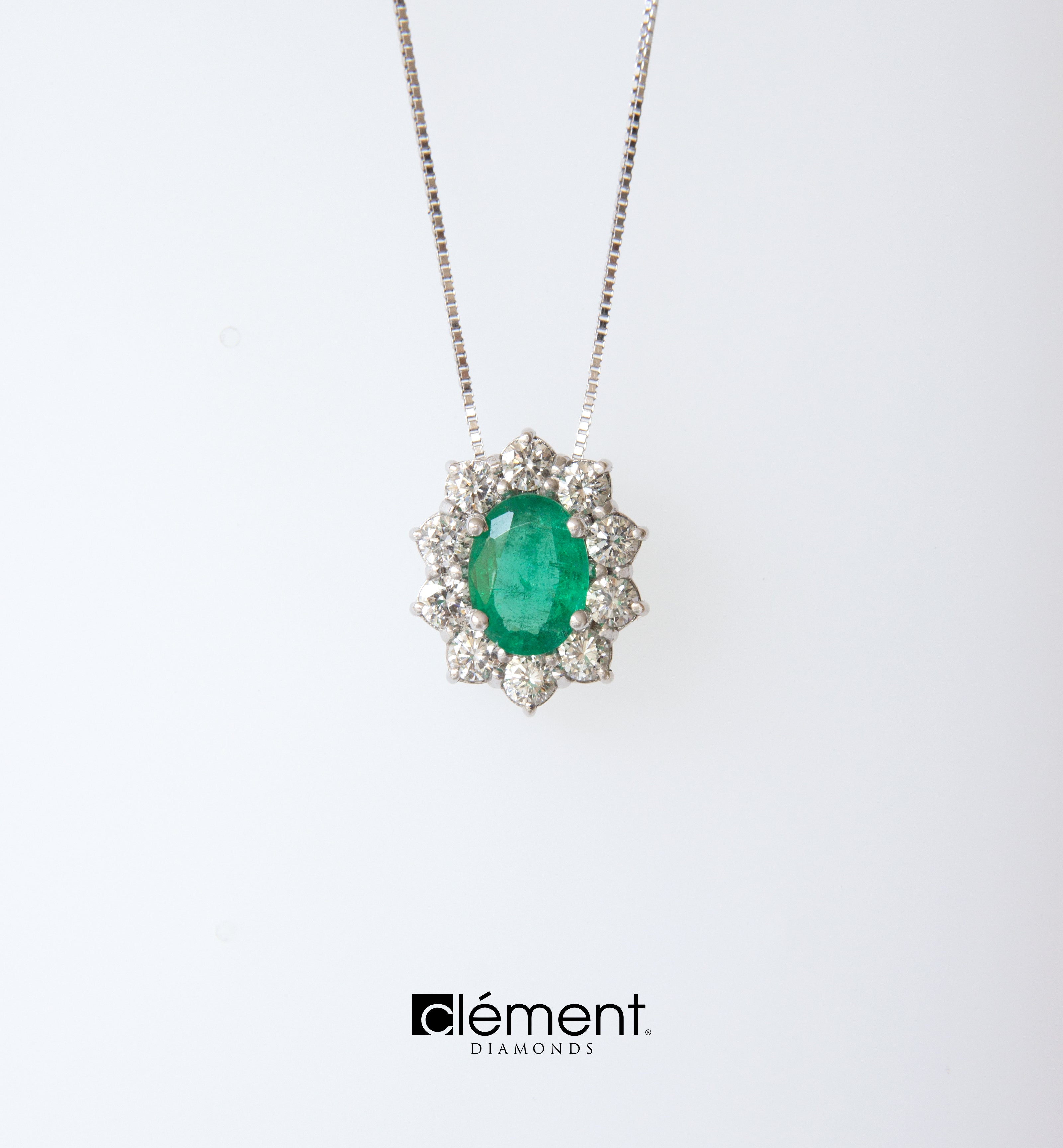 18ct White Gold Diamond and Emerald Pendant