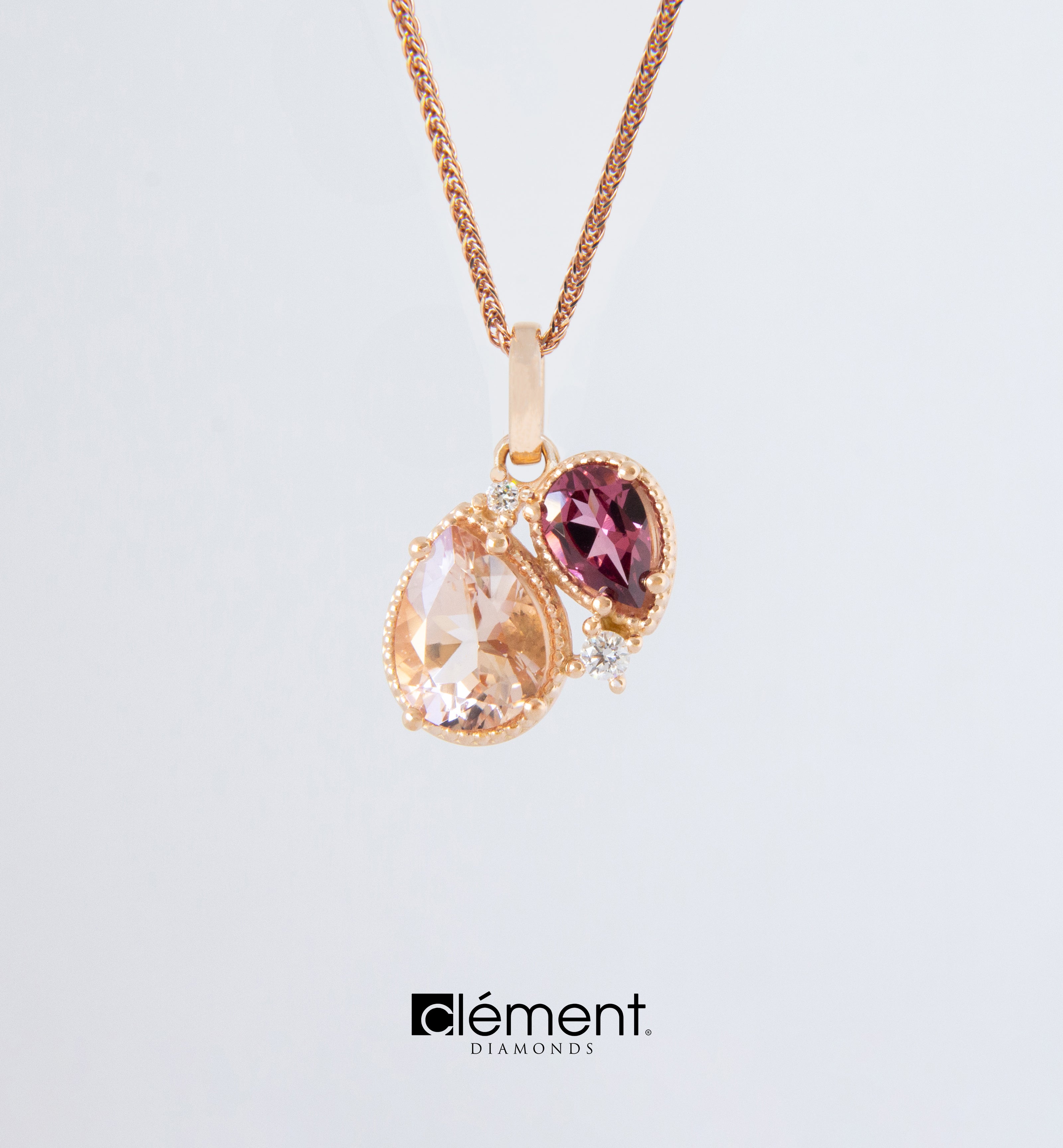 18ct Rose Gold Rhodolite, Morganite and Diamond Pendant