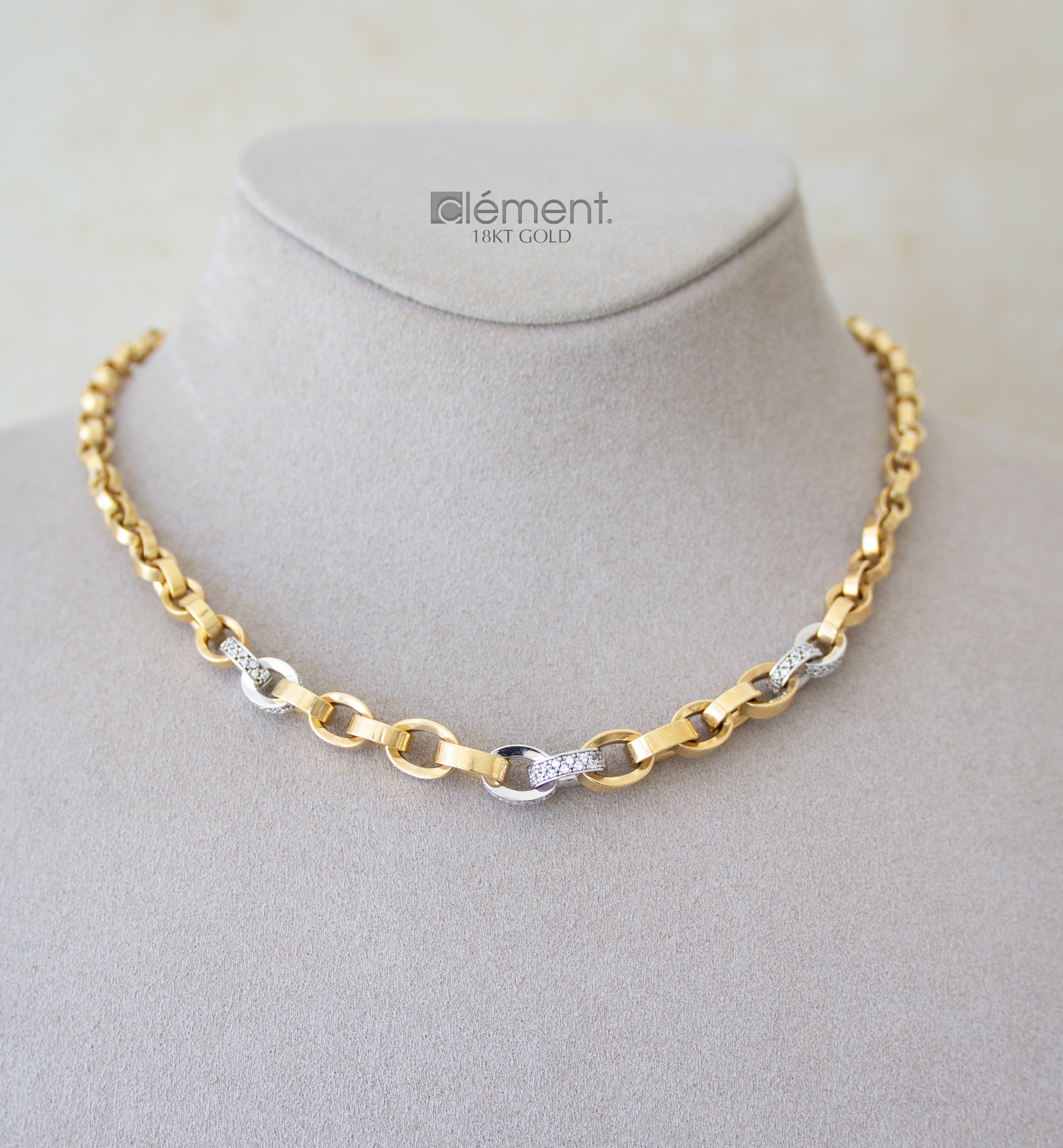 18ct Gold Two-Tone Link Necklace with Cubic Zircon Stones