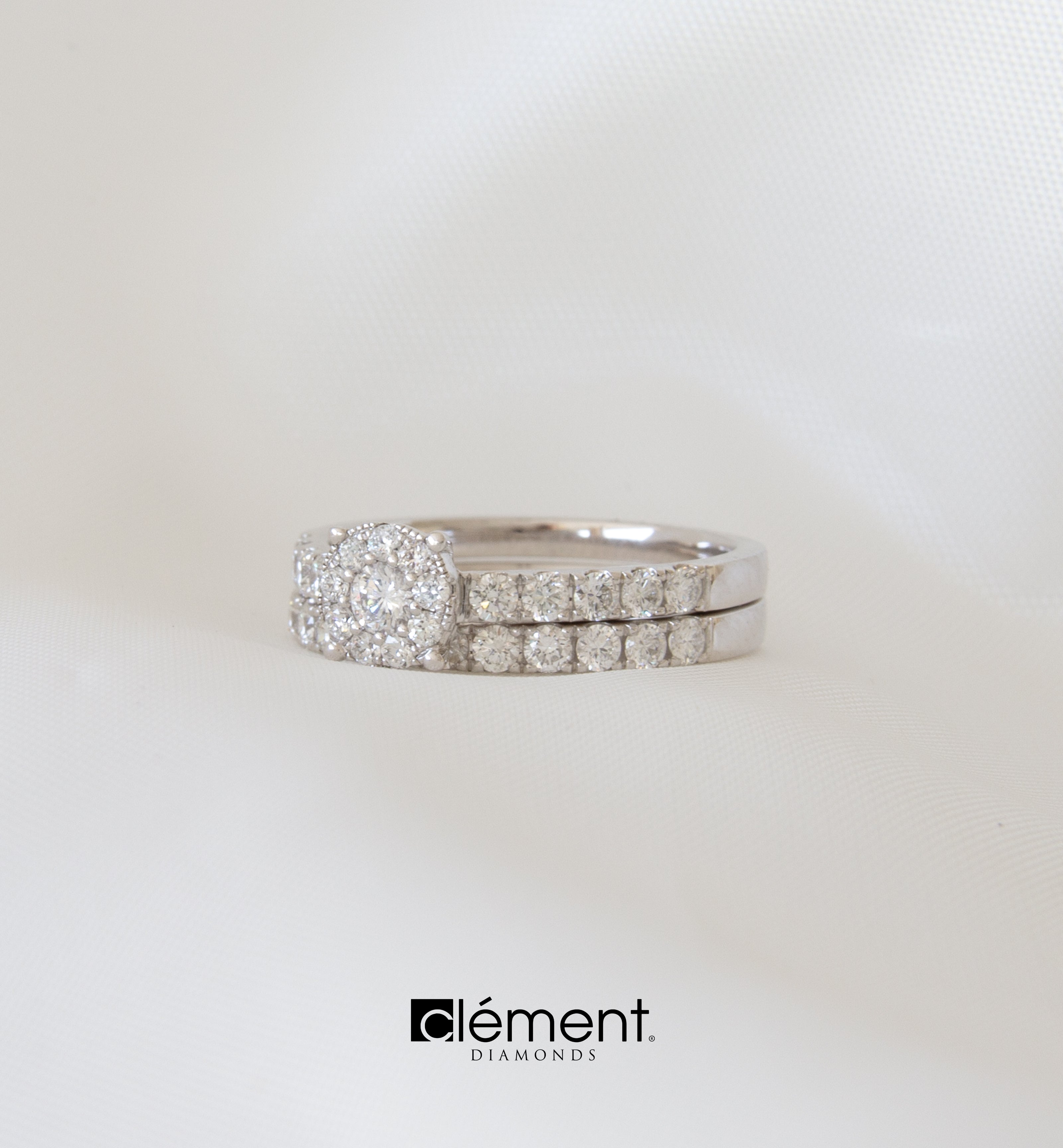 18ct White Gold Natural Cluster of Diamond Ring and Half Round Eternity Ring Set
