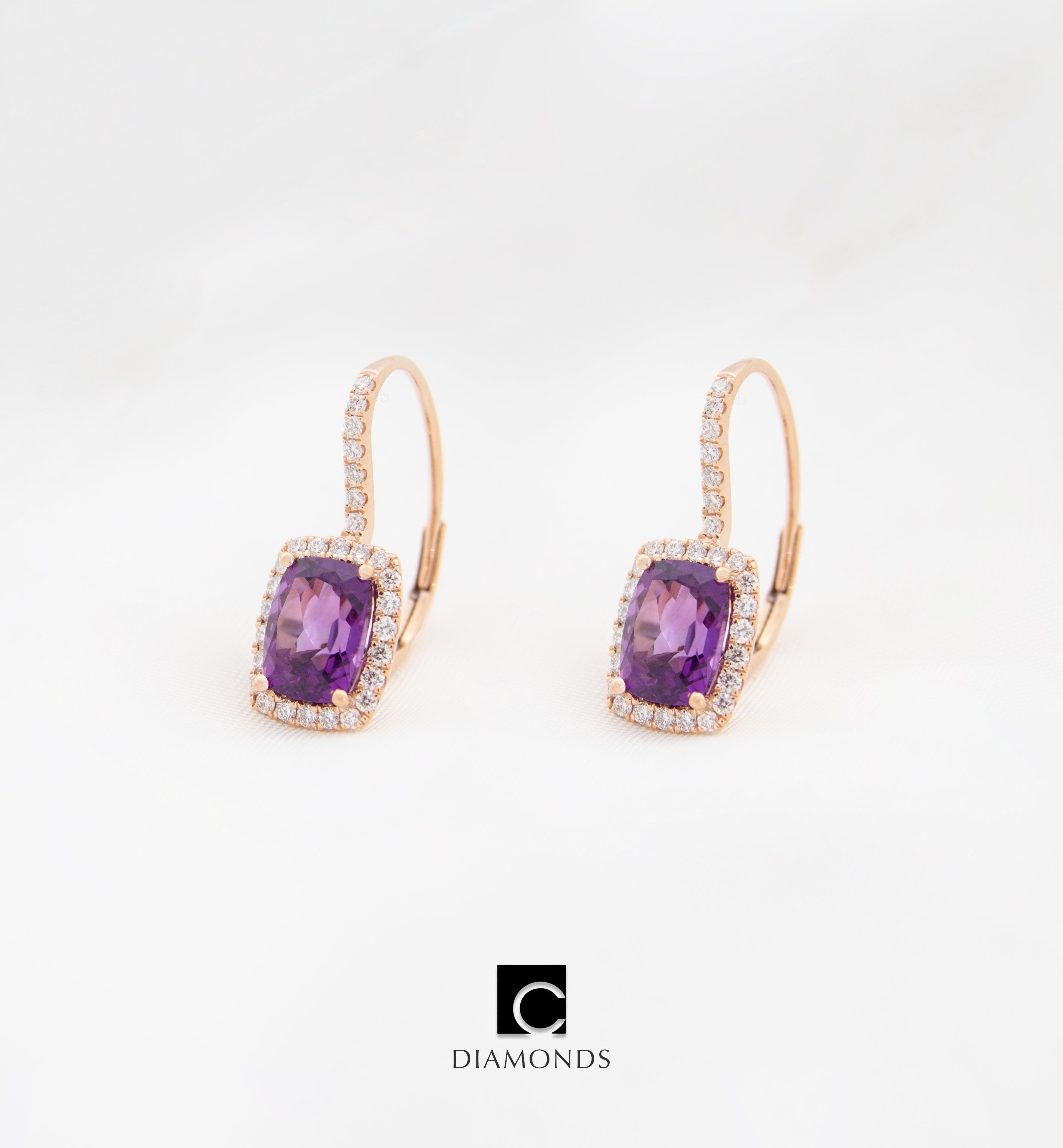 18ct Rose Gold Diamond & Amethyst Earrings