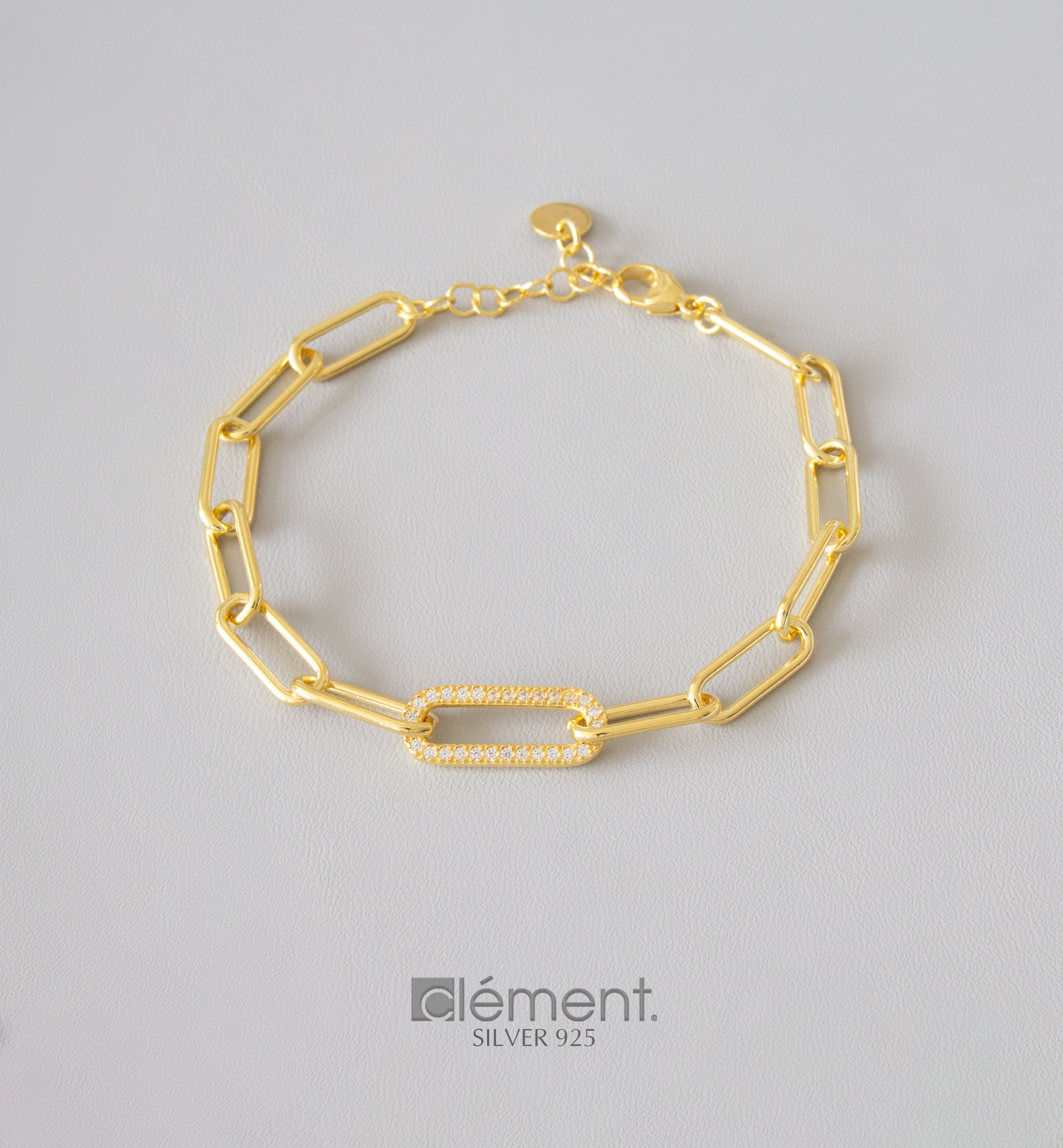 Silver 925 Yellow Gold Plated Link Bracelet with CZ Stones