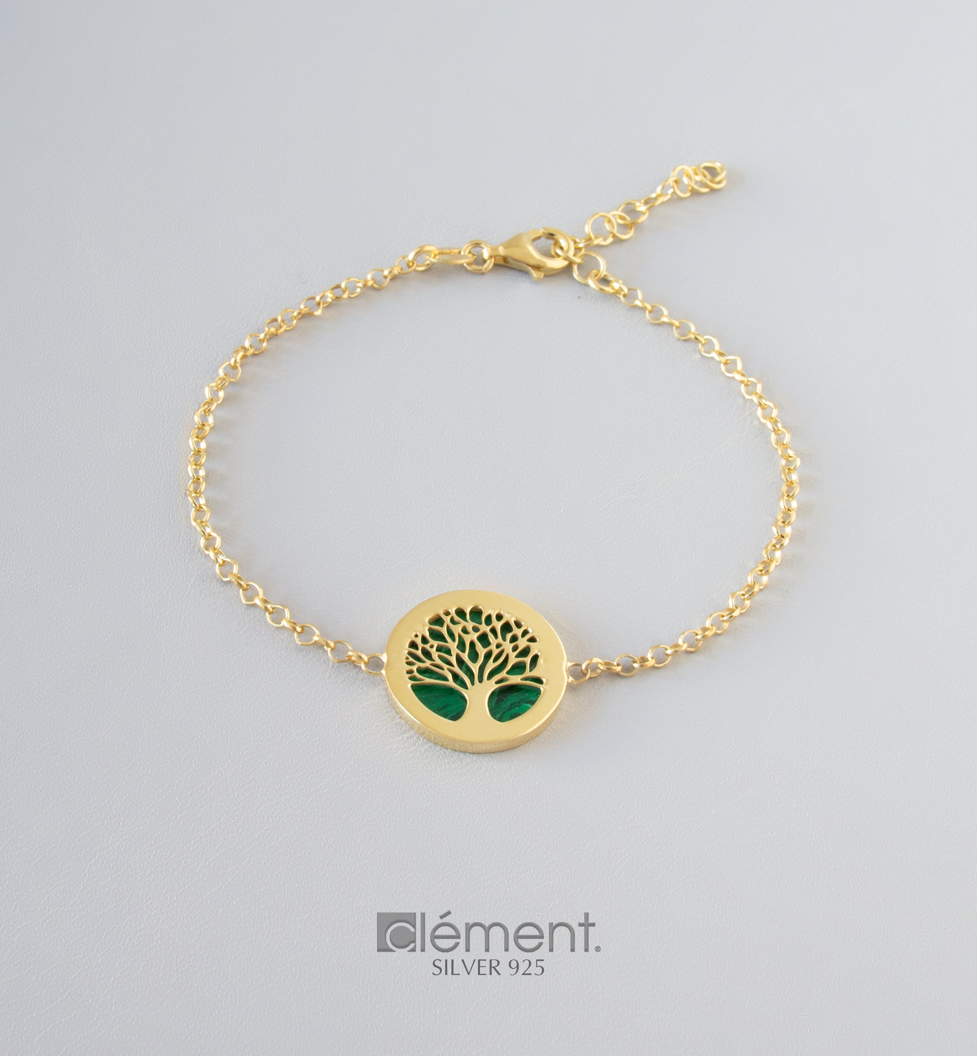 Silver 925 Yellow Gold Plated Malachite Tree of Life Bracelet