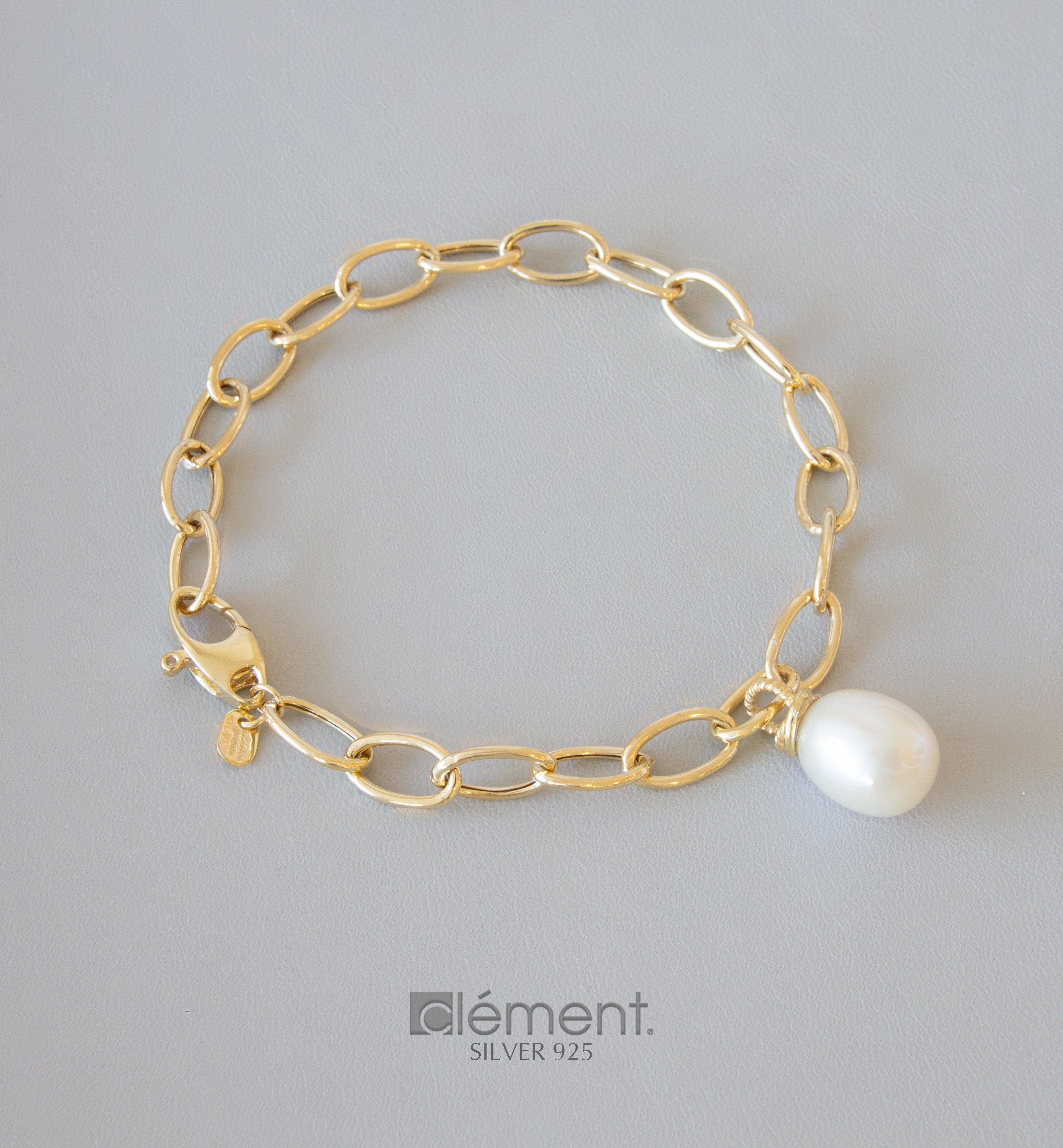 Silver 925 Yellow Gold Plated Link Bracelet with Pearl