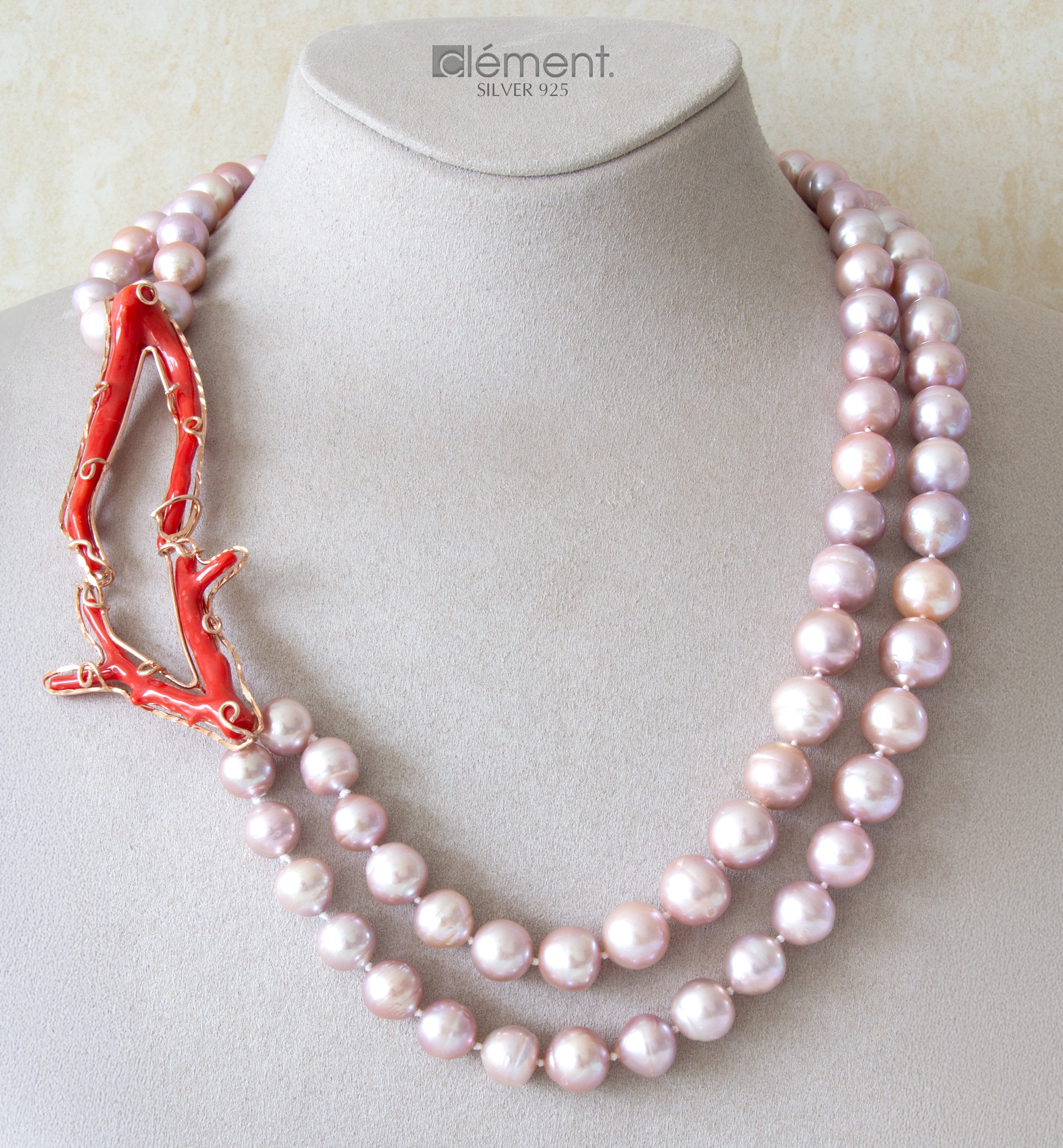 Double FW Cultured Pearl Necklace with Coral Crafted in Silver 925