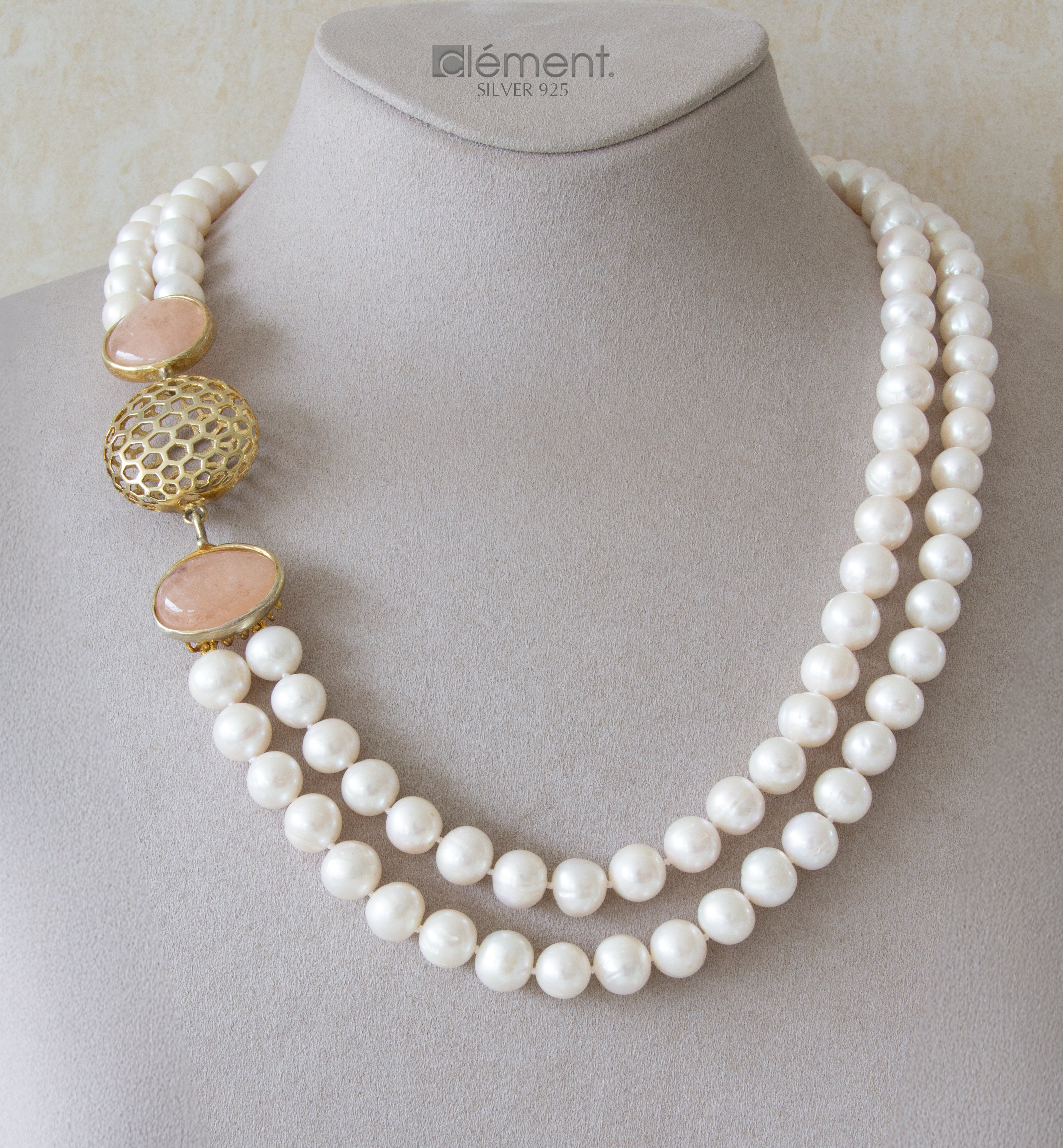 Double FW Cultured Pearl Necklace with Pink Moonstone Crafted in Silver 925