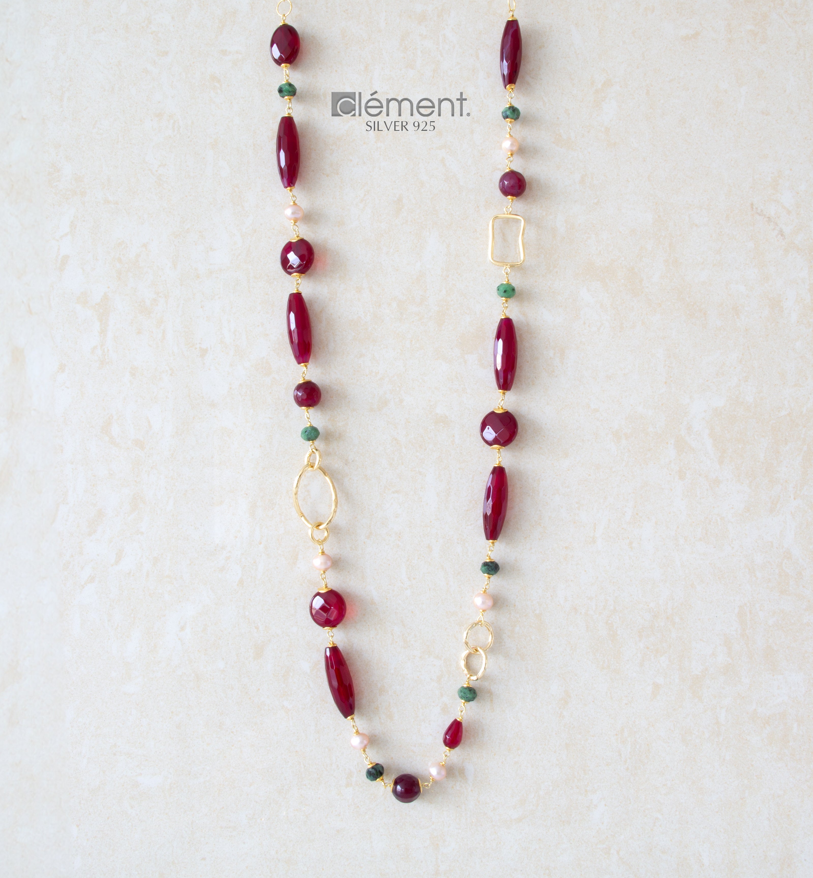 Silver 925 Long Necklace with Semi-Precious Stones and Pearls