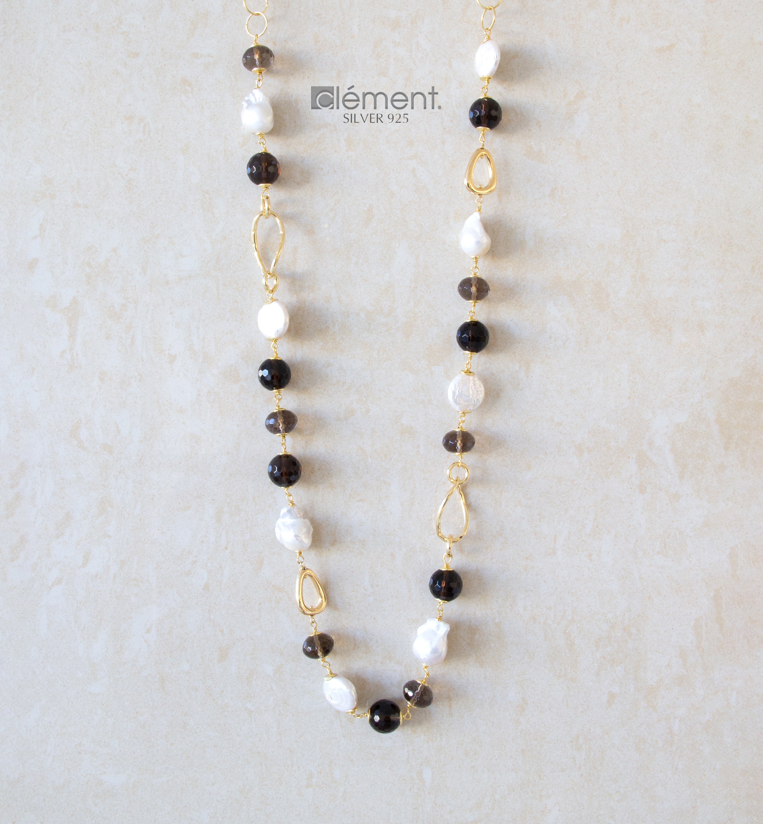 Silver 925 Long Necklace with Semi-Precious Stones and Pearls