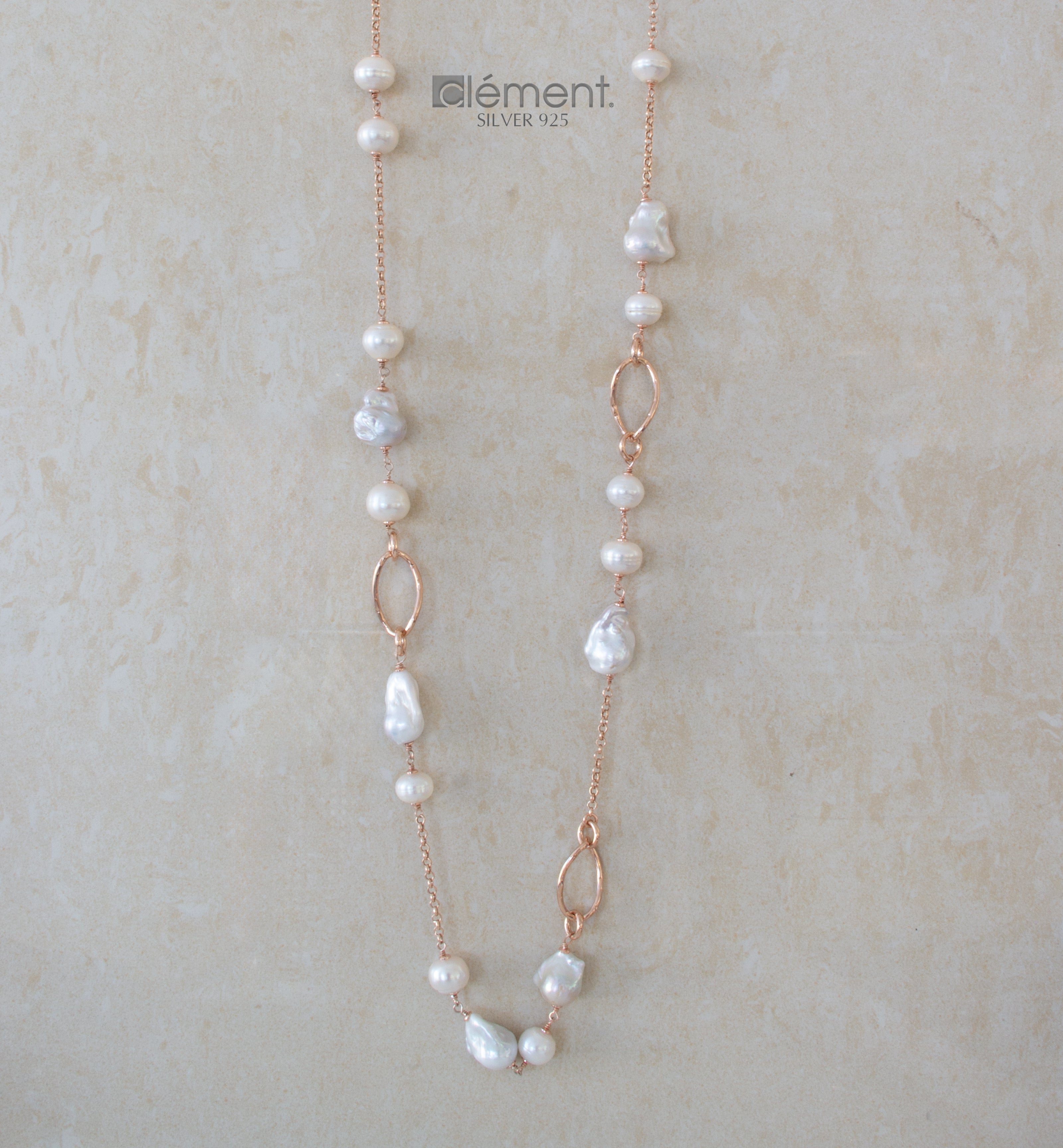 Silver 925 Lond Necklace with Pearls